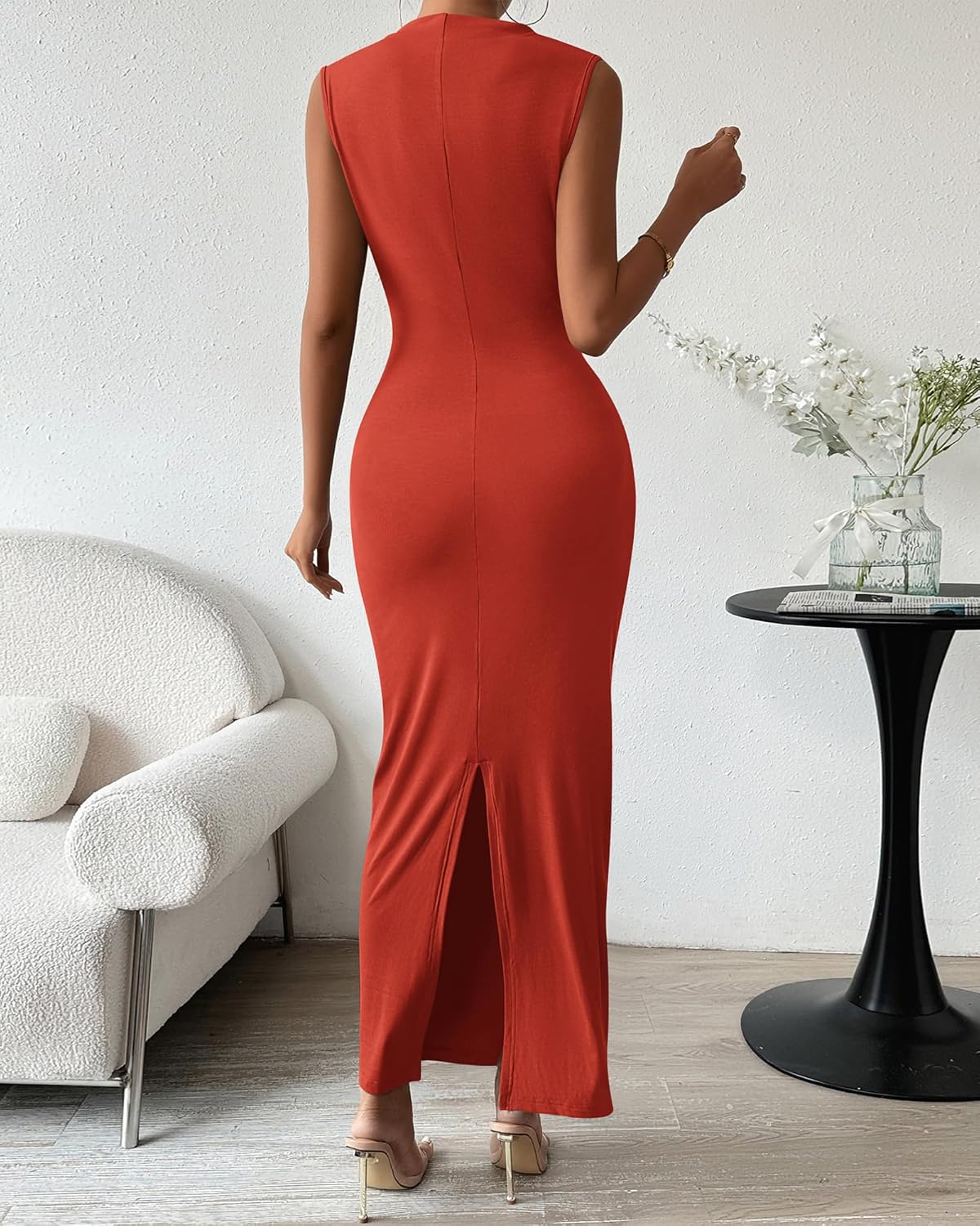 BTFBM Women's Ruched Bodycon Dress Summer Casual Sleeveless Lightweight Back Slit Elegant Club Party Cocktail Maxi Dresses - Image 4