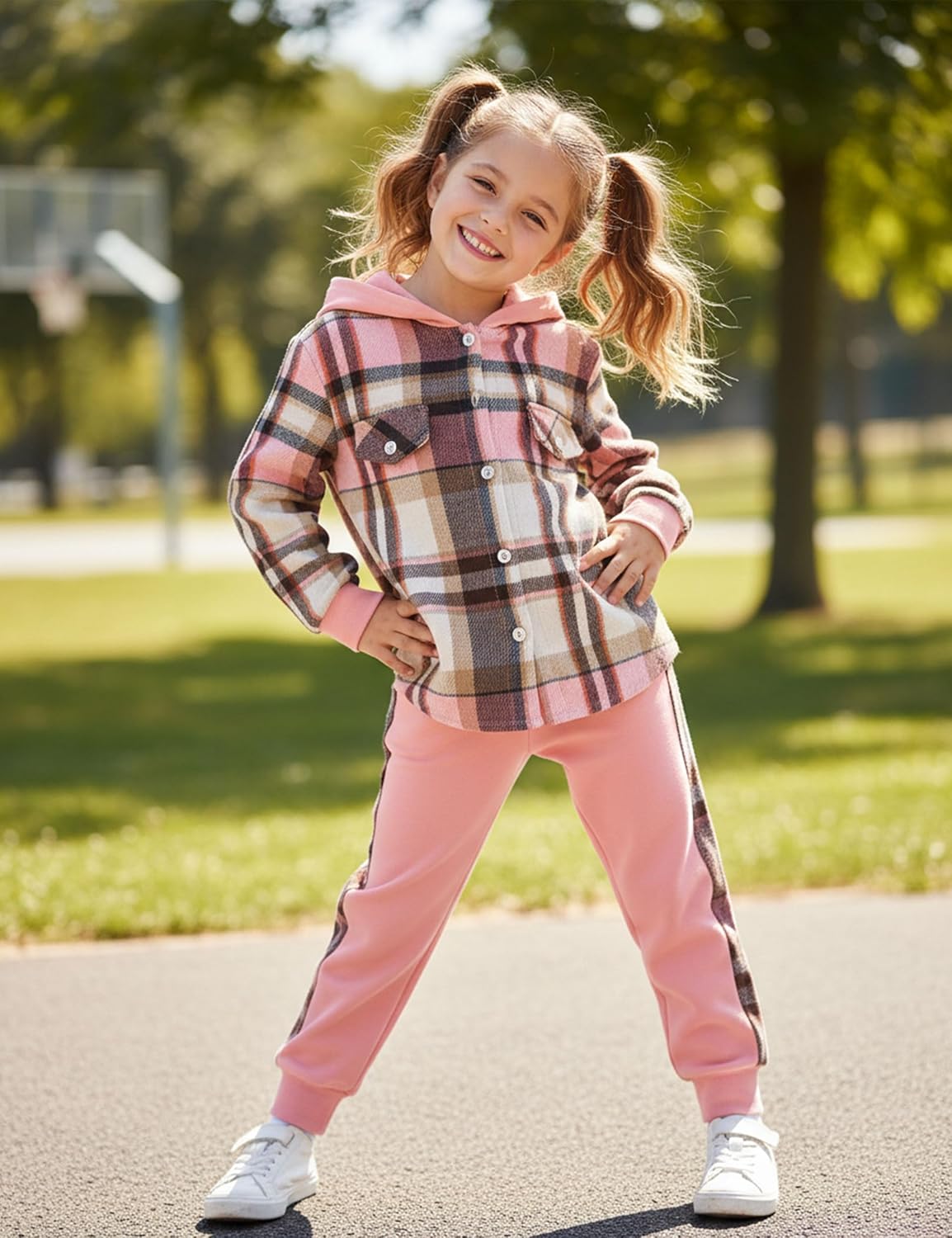 Girls Clothes Fall Outfits Classic Flannel Plaid Soft Cozy Hoodies for Girls Sweatshirt Sweatpant 2pcs Sets 7-14Y - Image 2