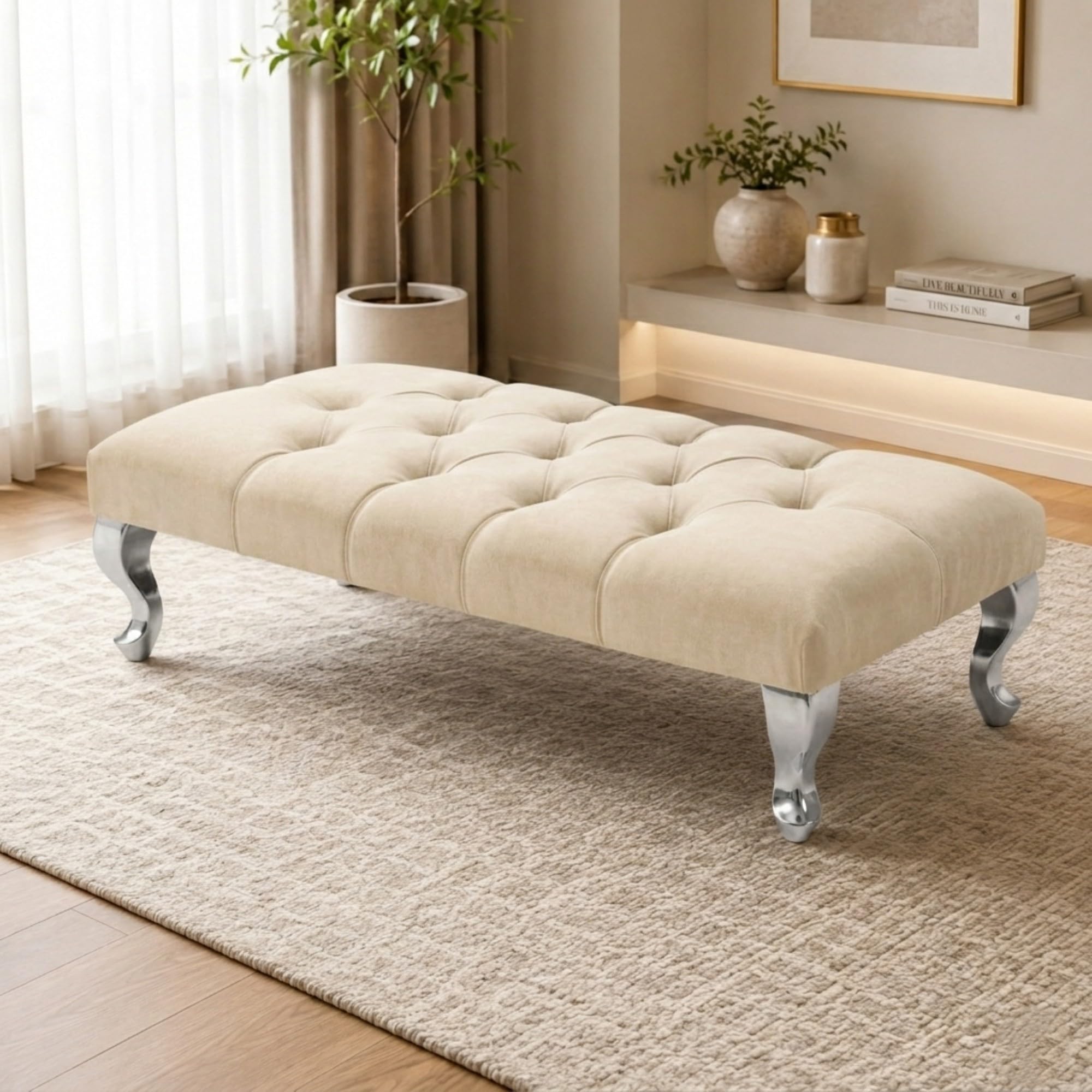 Aiza Chesterfield Velvet Footstool Bench Silver Legs 102cm - Cream