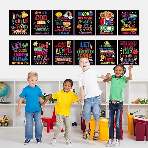 Miniatura 6 de 12 carteles con versículo bíblico para niños, arte de pared cristiano inspirador con citas de las Escrituras, decoración religiosa para el aula para