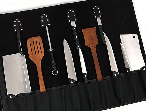 Miniatura 9 de Bolsa de piel para guardar cuchillos, 10 bolsillos elásticos y expandibles, correa ajustabledesmontable para el hombro, estuche de viaje para