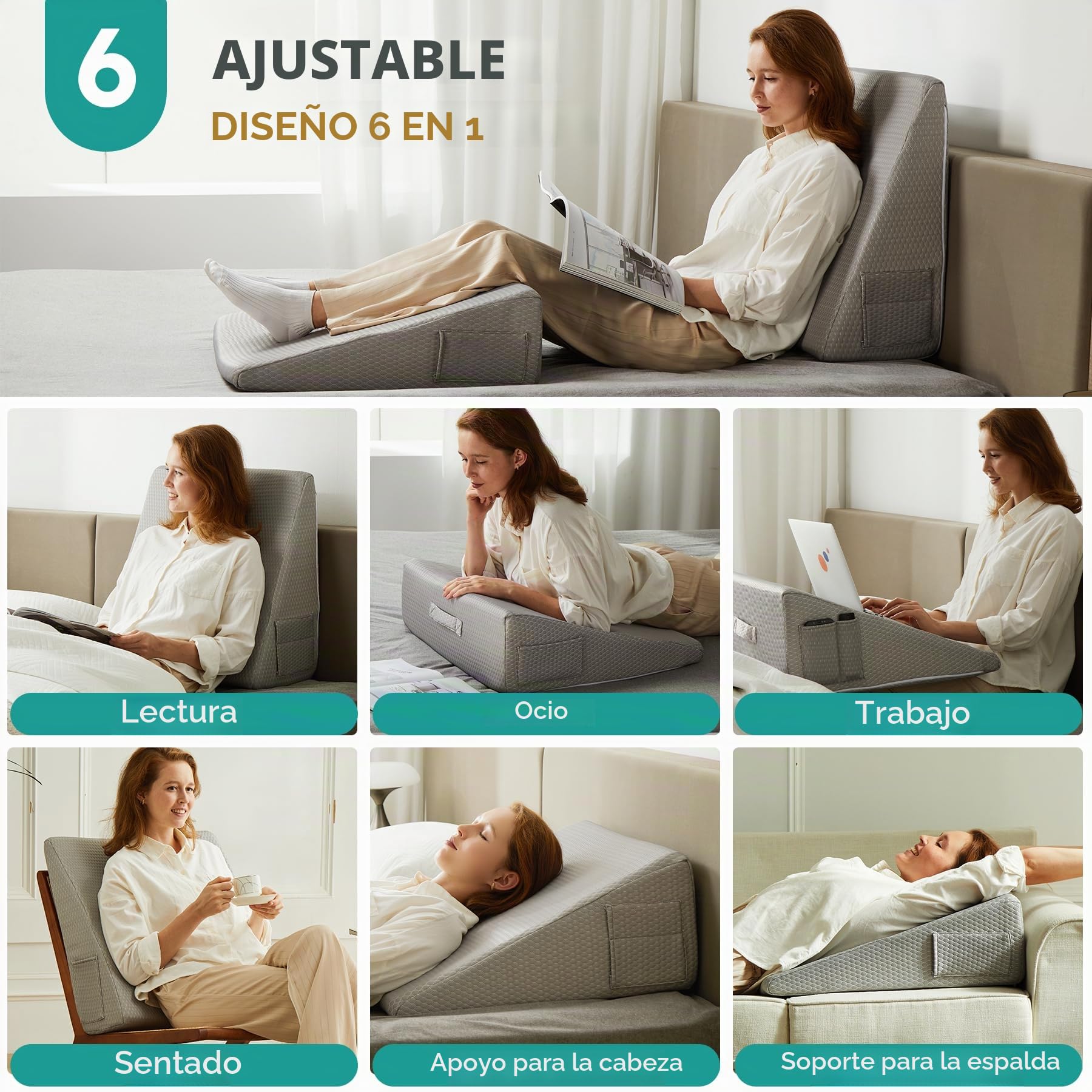 Bedluxe Almohada de cuña de 25 cm para cabecero, Alivio de reflujo ácido, Dolor de Espalda y ronquidos, con Espuma viscoelástica refrescante, Gris