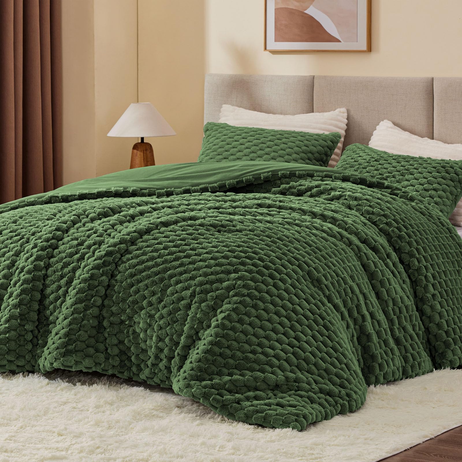 BEDELITE Fluffy King Comforter Set, Olive Green Fleece Bed Set 3 Pieces
