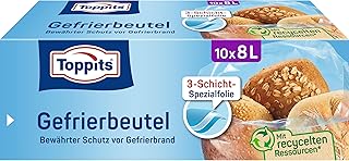 Toppits Gefrierbeutel - 10 x 8L, Extra Reißfest, Standboden, Transparent, Ideal für Lebensmittelaufbewahrung und Einfrieren