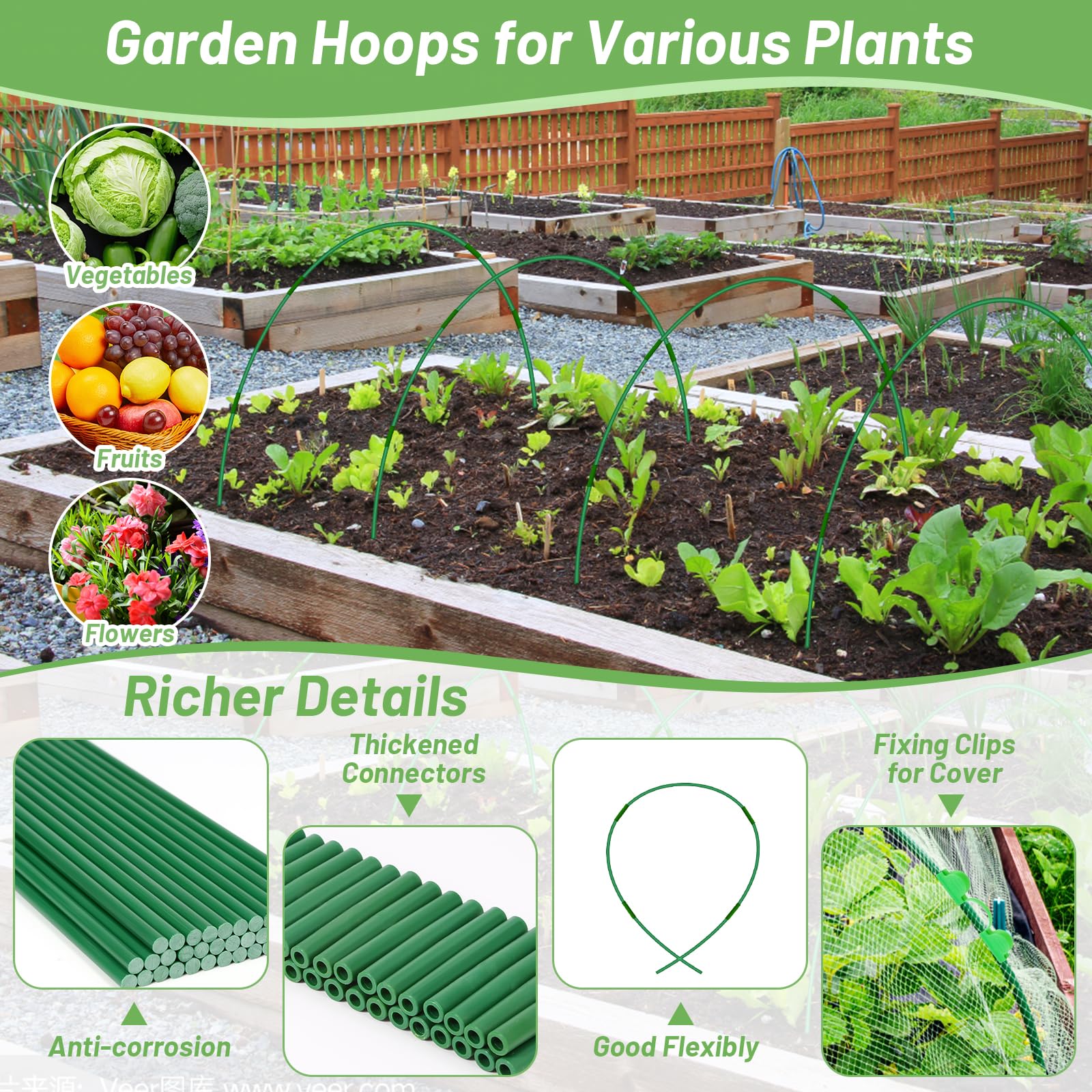 Lot de 70 cerceaux de jardin pour parterres surélevés, tunnels de jardin, tunnels de culture, tunnel de culture, cadre de jardin en fibre de verre antirouille pour filet, couverture en tissu, support