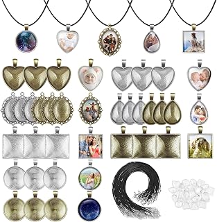 Aenezus 90pcs Jewelry Making Kit: Pendant Trays, Glass Cabochons & Necklace Cords - 5 Styles Silver Bronze for DIY Pendants