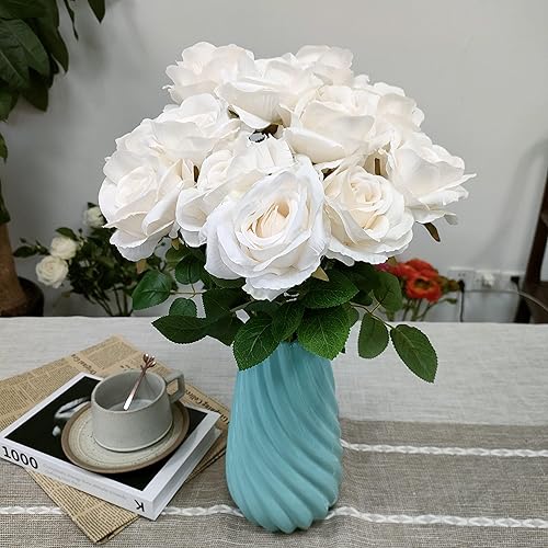 Miniatura 45 de ATFL 12 rosas artificiales de seda con flores de color rosa, rosas artificiales a granel, diámetro floral de 4 pulgadas, rosa artificial de seda