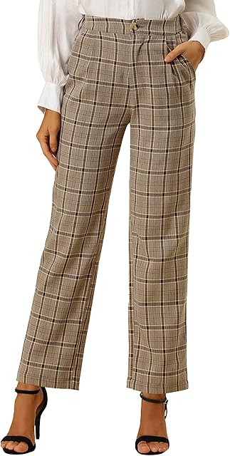 Allegra K Women's Saint Patrick's Day Plaid Pants Elastic Waist Casual Work Office Long Trousers