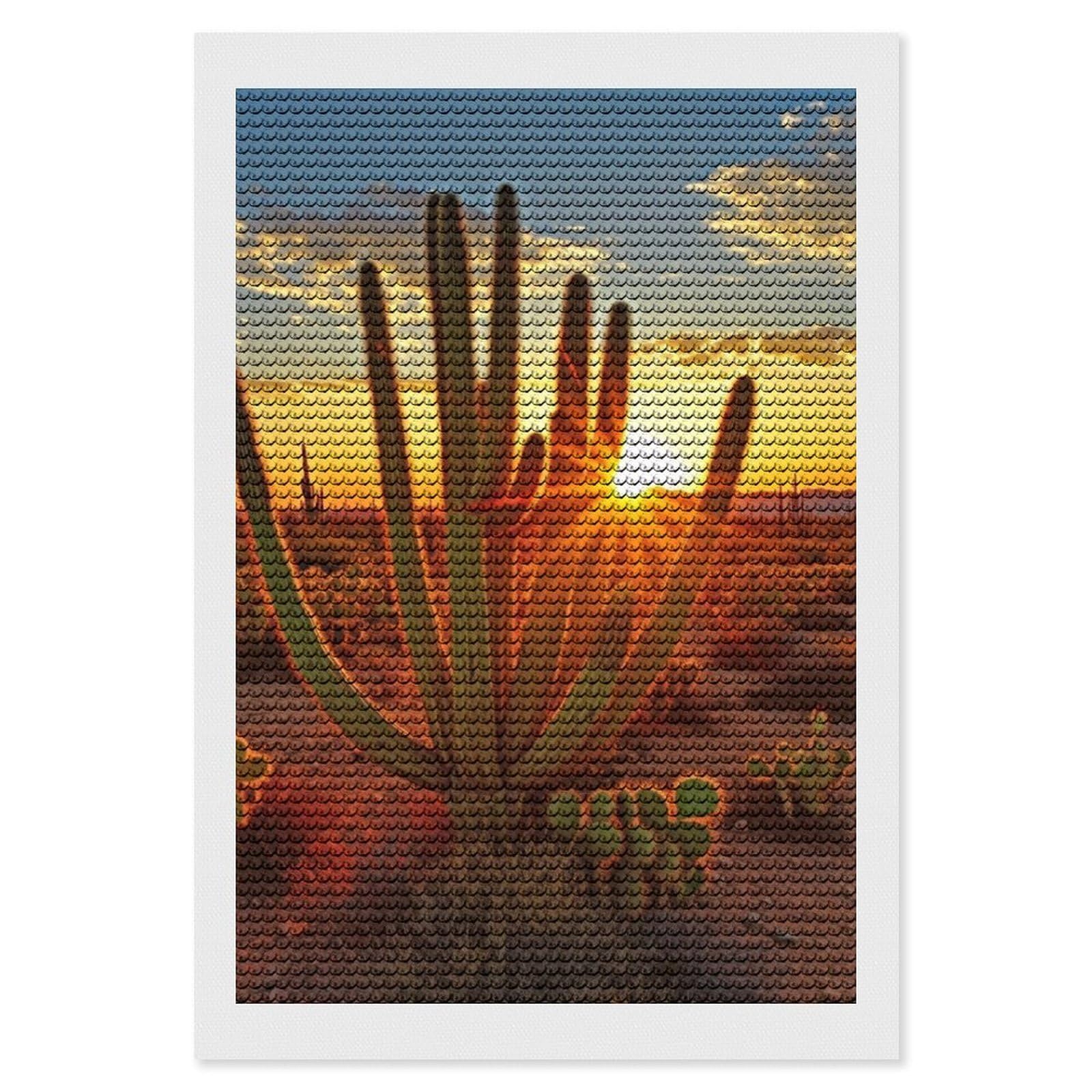 FodPand Diamond Art Kits for Adults, 5D Aurora Diamond Painting Kits for Beginners, Sunset Cactus in Desert DIY Full Drill Dots Gem Art Paint Crafts for Home Wall Decor 8"x12"