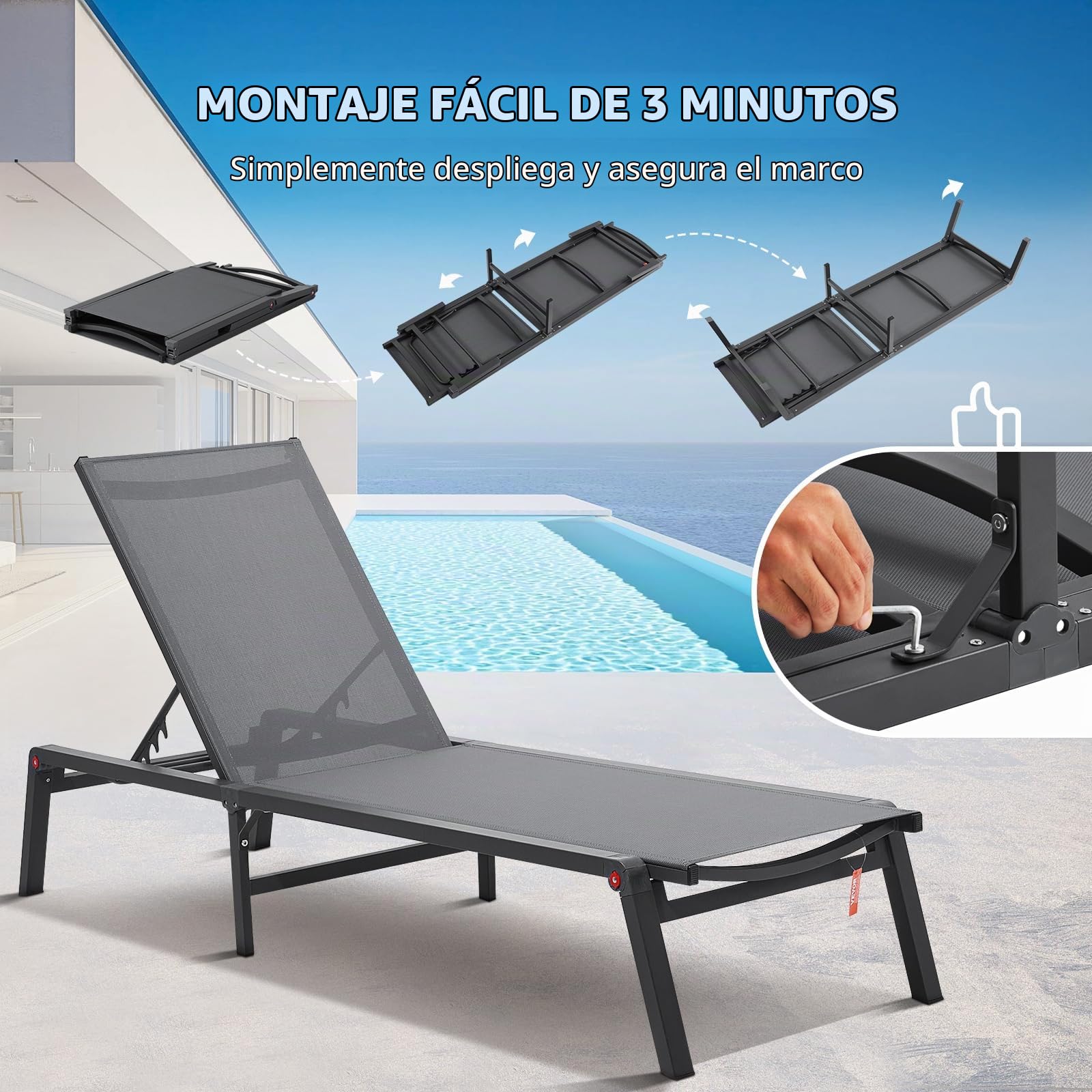 VEVOR Tumbona de Jardín para Exterior 2 Piezas Tumbona Plegable de Aluminio para Patio con 5 Posiciones Ajustables Tumbona Reclinable Totalmente Plana para Playa, Piscina, Exterior, Gris Oscuro