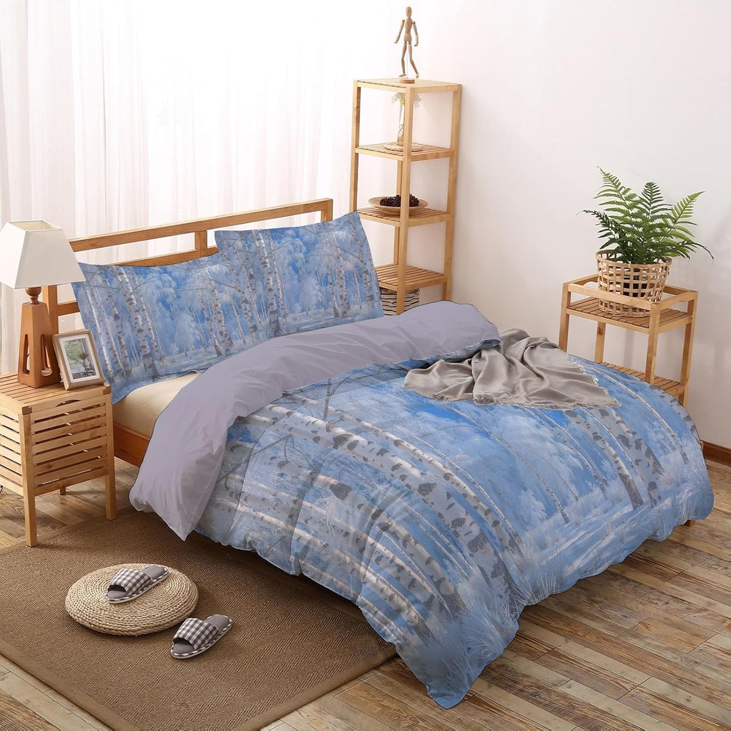 Poszwa na kołdrę Łóżko 135/150 Krajobraz Las 3D Poszewka na kołdrę Zima 240 x 220 cm, lekka i wygodna pościel z mikrofibry z zamkiem błyskawicznym i 2 poszewkami na poduszki Łatwa w pielęgnacji M/7377