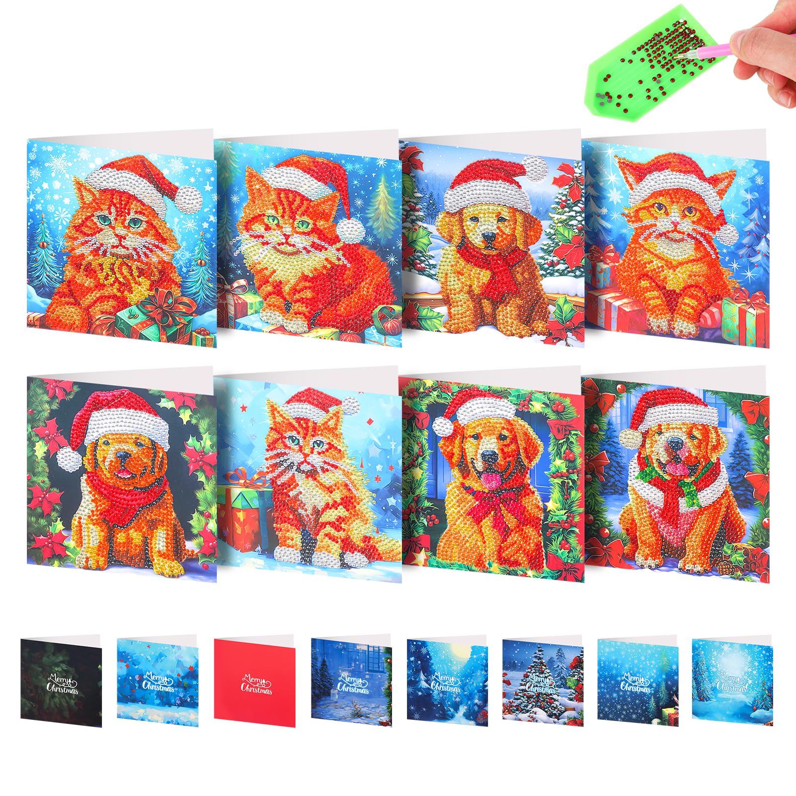 8Pcs Natale diamante pittura carte, Biglietti d'auguri natalizi 5D DIY Animale cane gatto diamante arte biglietti con buste Carte artigianali fatte a mano Regali per Festival di Natale, Capodanno