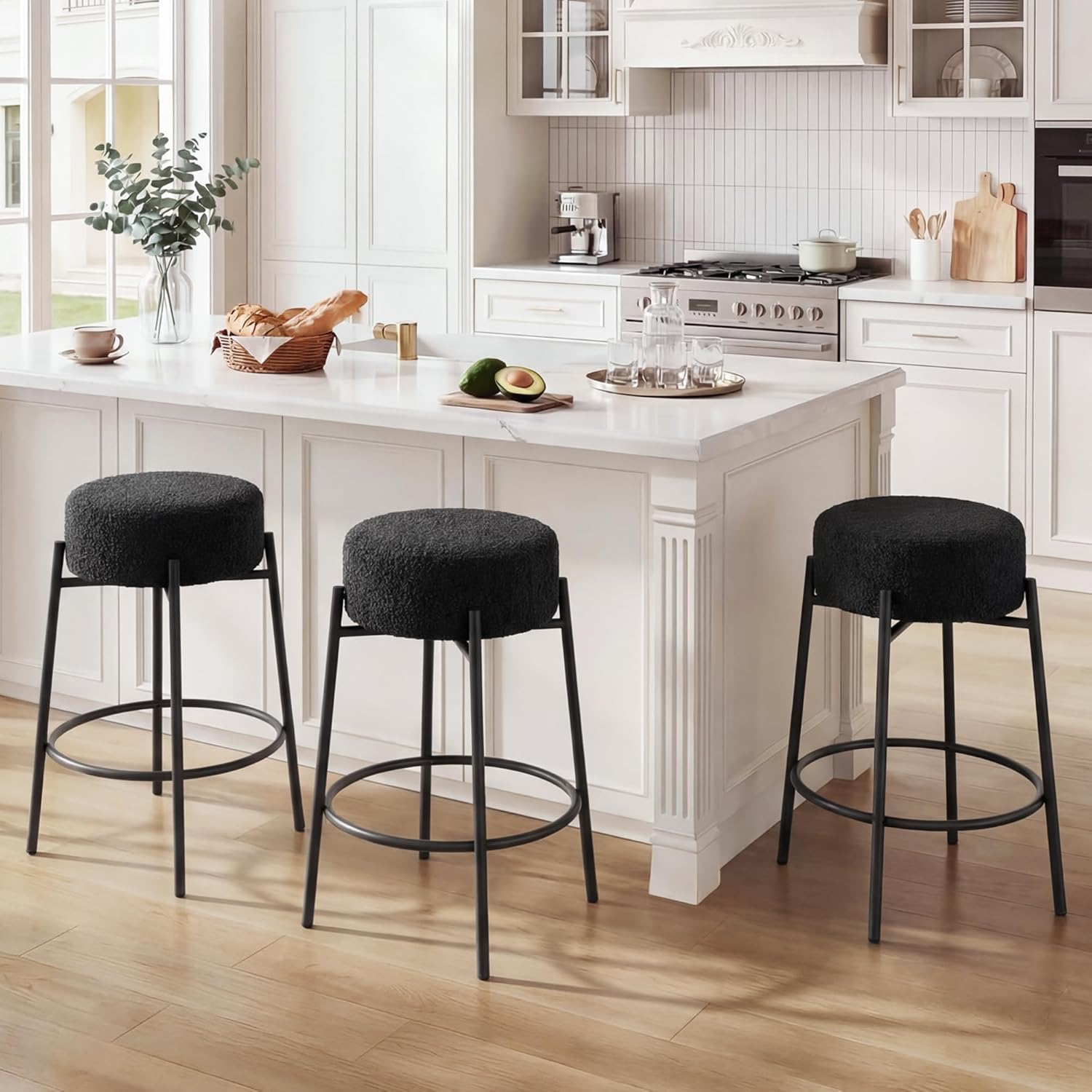 Boucle Backless Counter Stools Set of 3, Modern Swivel Bar Stools with Round Seat & Metal Legs, 26’’ Counter Height Chair for Kitchen Island, Home Pub, Black