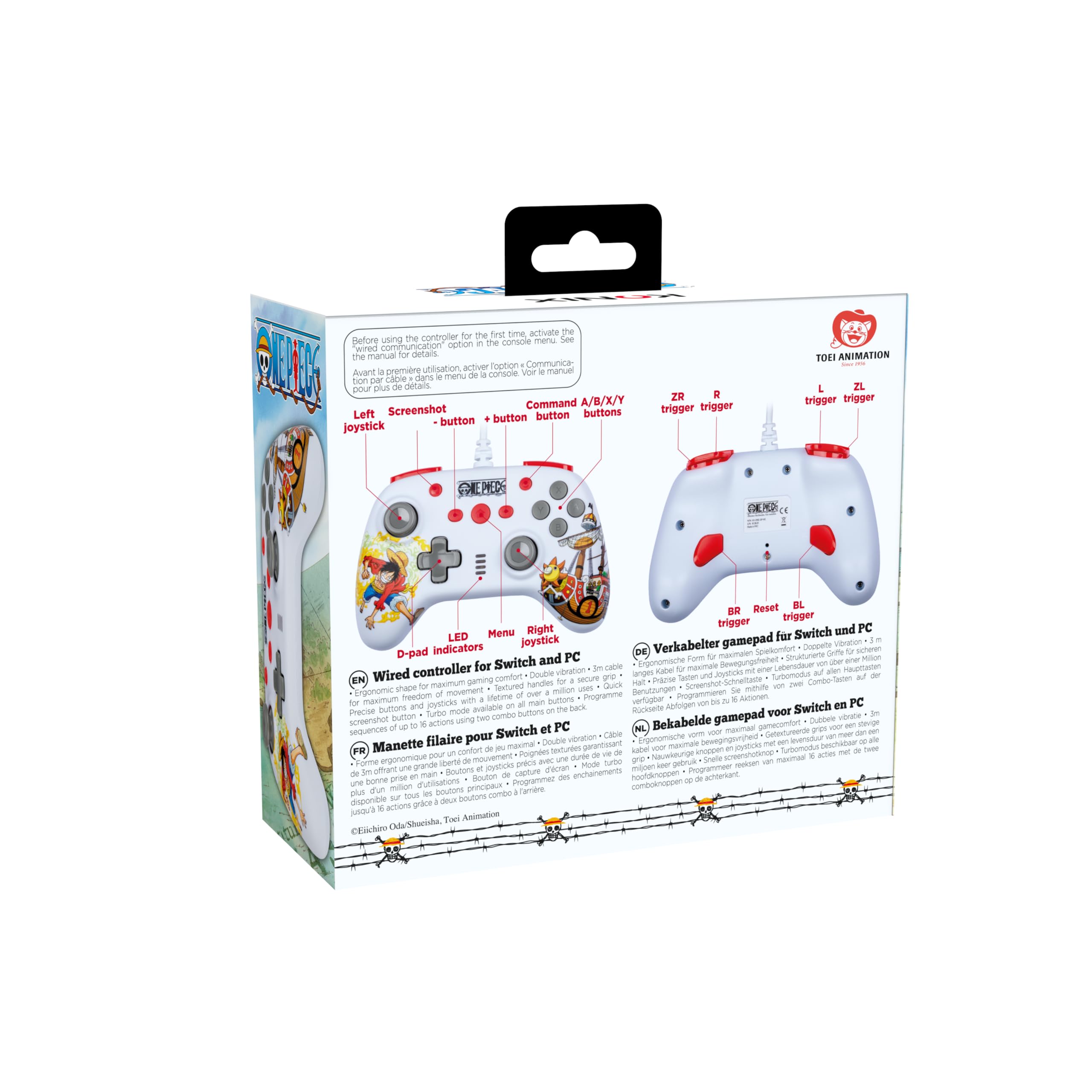 Konix One Piece Wired Controller für Nintendo Switch, OLED Switch und PC - Vibrationsfunktion - 3 m Kabel - Luffy-Motiv - Weiß