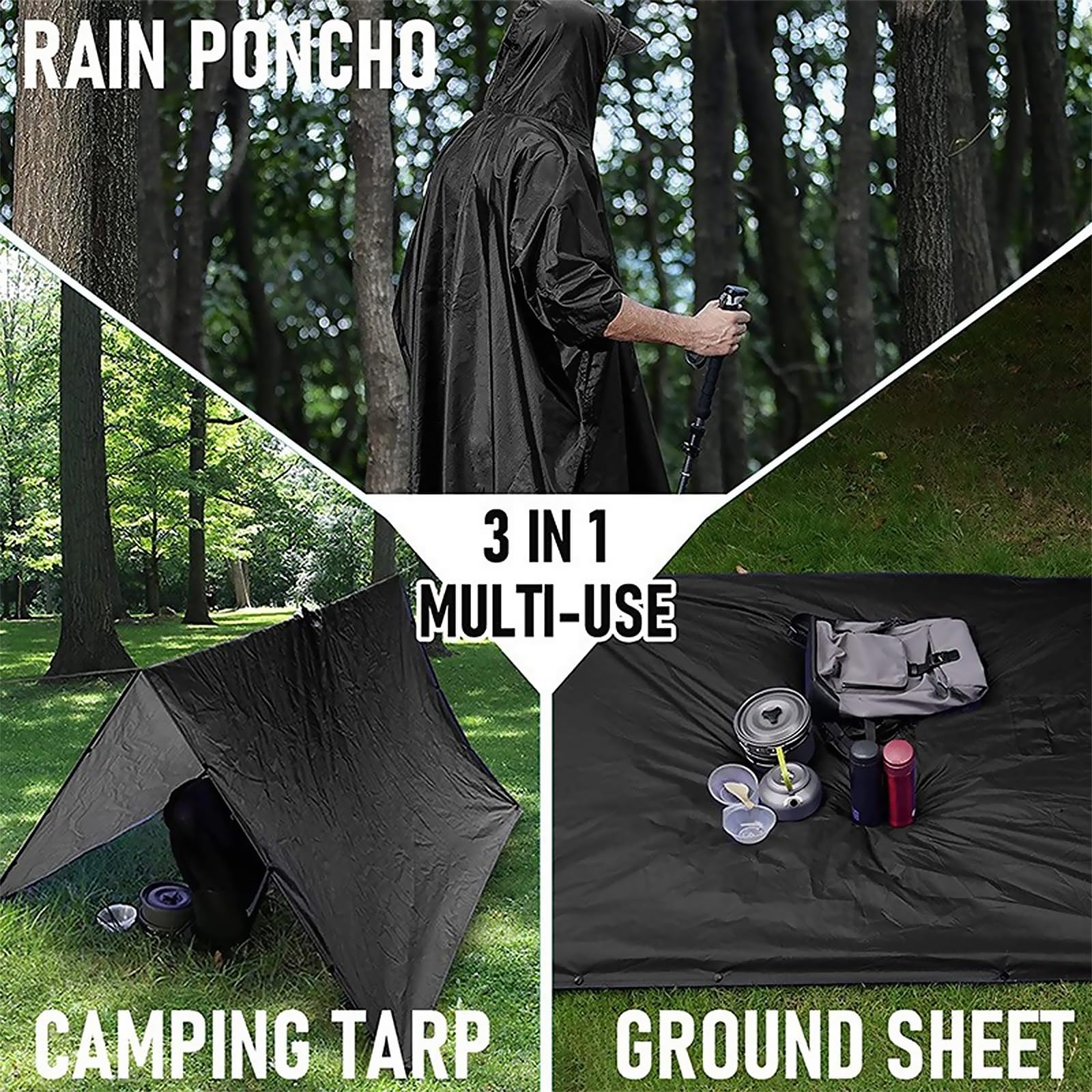 Poncho de Lluvia Impermeable, 3 en 1 Multifuncional Ligero Chubasquero, Paquete Poncho de Lluvia Reutilizable con Capucha, para Ciclismo, Senderismo, Camping, Actividades al Aire Libre