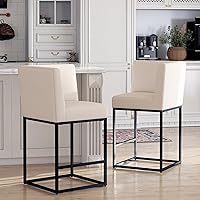 Vista 27 de HNY Taburete de bar moderno de altura de mostrador, taburete de bar tapizado de tela de lino con respaldos, taburetes de isla de cocina de 27 crema