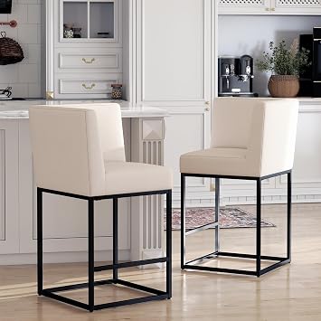 HNY Modern Counter Height Bar Stools Set of 2, Linen Upholstered Contemporary Barstools with Back, 27 Inch Bar Chairs with Black Metal Frame for Kitchen Island, Cream