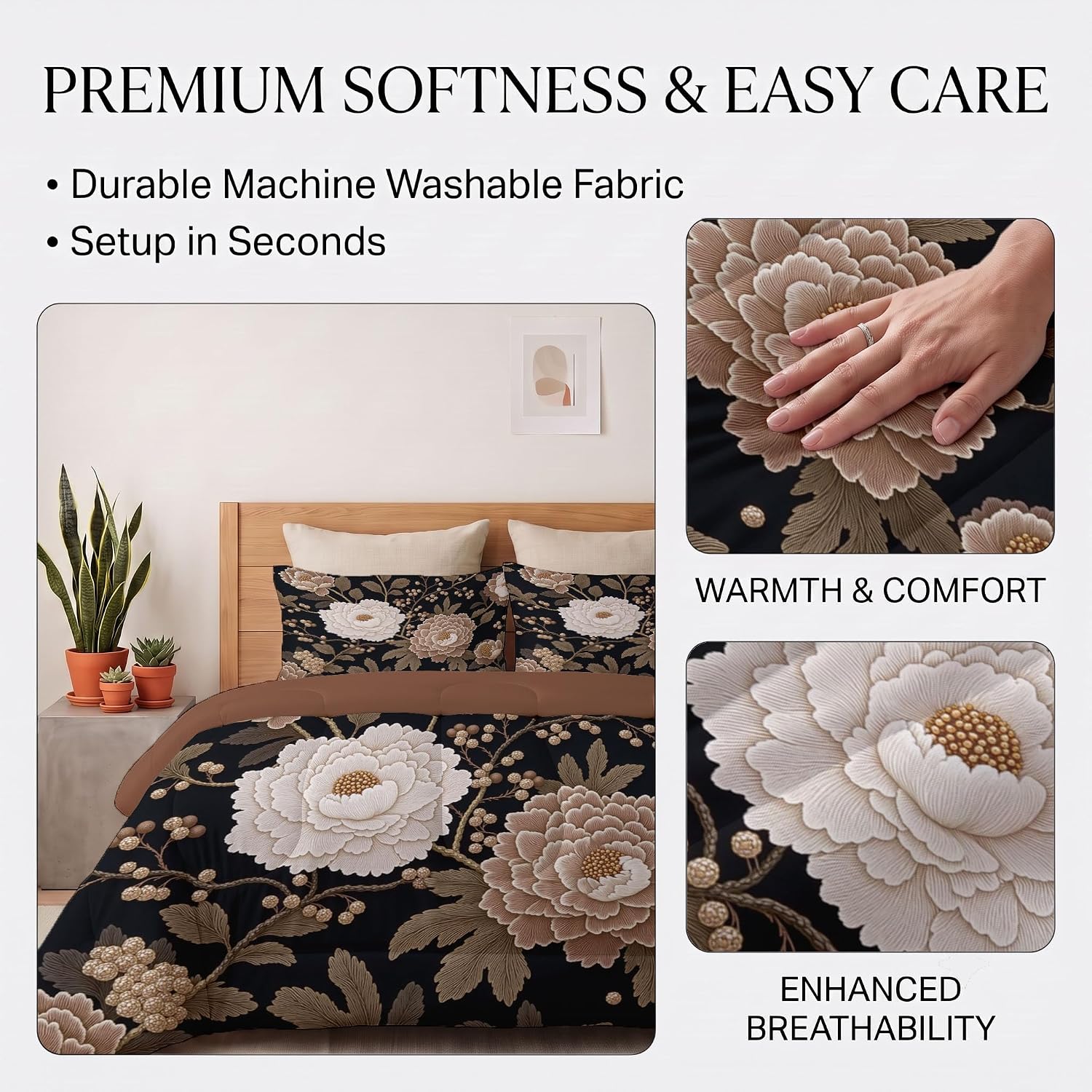 Plants and Flowers Comforter Set Full Size, Retro Peony Branches and Leaves Bedding Set for Girls Boys, Black Quilt Bed 79"X90" Bedding Comforter Sets with 2 Pillowcase Room Decor