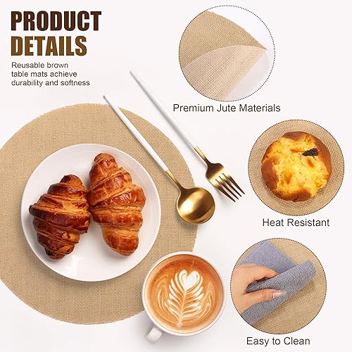 Miniatura 3 de Aneco 50 manteles individuales redondos de arpillera de 11.8 pulgadas, reutilizables, color marrón, resistentes al calor, de fibras de yute natural,