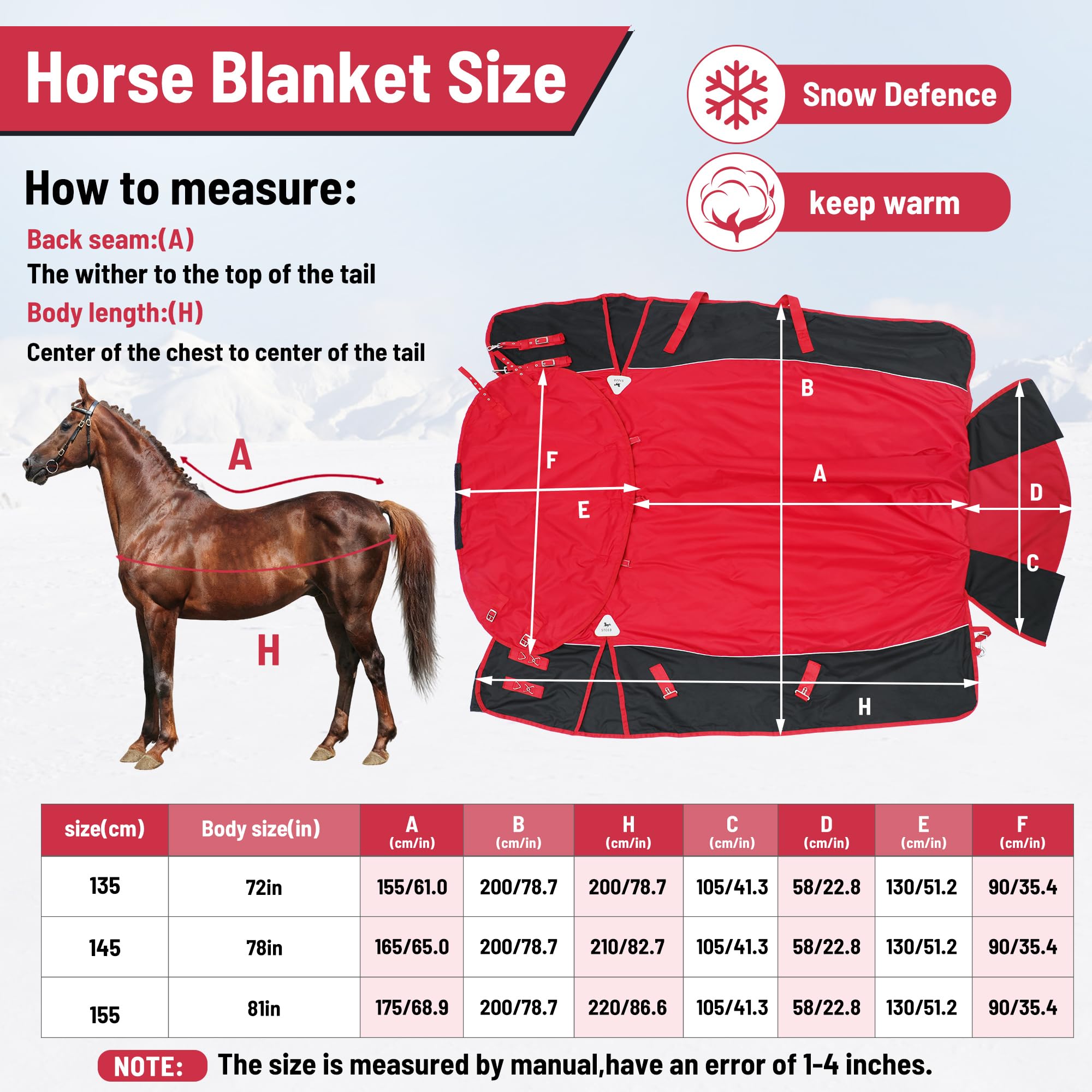 Coperta invernale per la cura del cavallo, coperta invernale 1800D Premium per cavalli, coperta impermeabile di peso medio, con copertura per il collo staccabile (US 72 "(EU 135 cm)