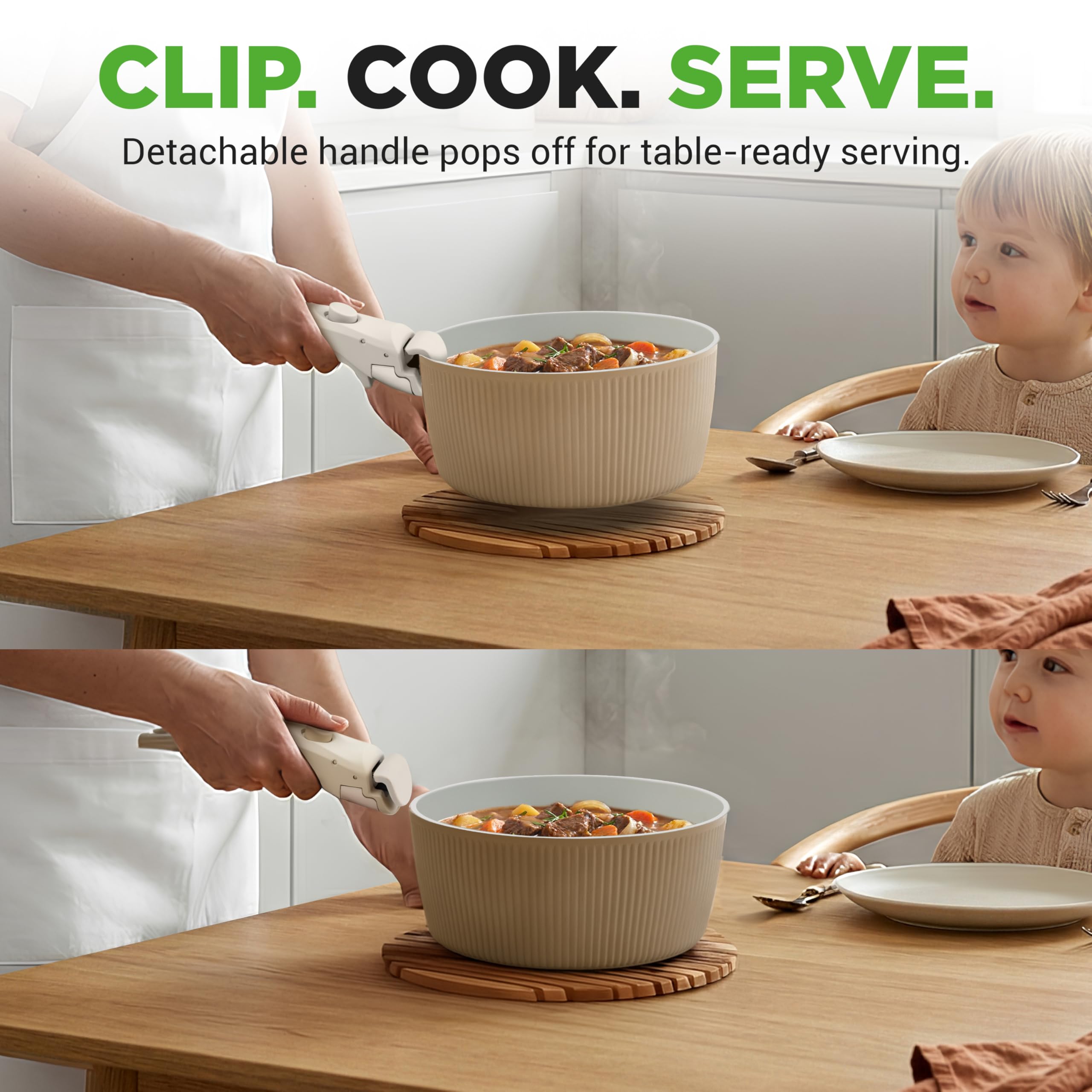 NutriChef Zestaw Naczyń Ceramicznych 18 Sztuk z Odczepianymi Rączkami, Patelnia i Garnki z Powłoką Nieprzywierającą, Powłoka Ceramiczna Bez PTFE, Oszczędność Miejsca, Do Pieca, Kremowy