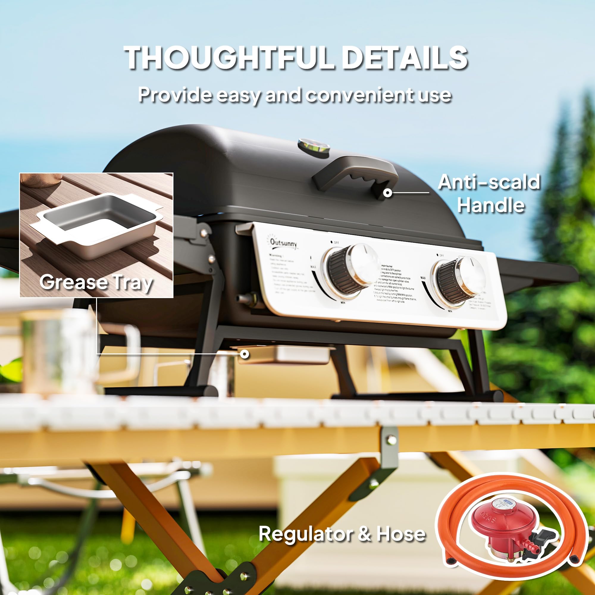 Outsunny Barbecue à gaz à 2 brûleurs avec tables latérales pliables, barbecue à gaz portable avec thermomètre intégré, couvercle, bac à graisse pour jardin, fête, camping, pique-nique, cuisine en