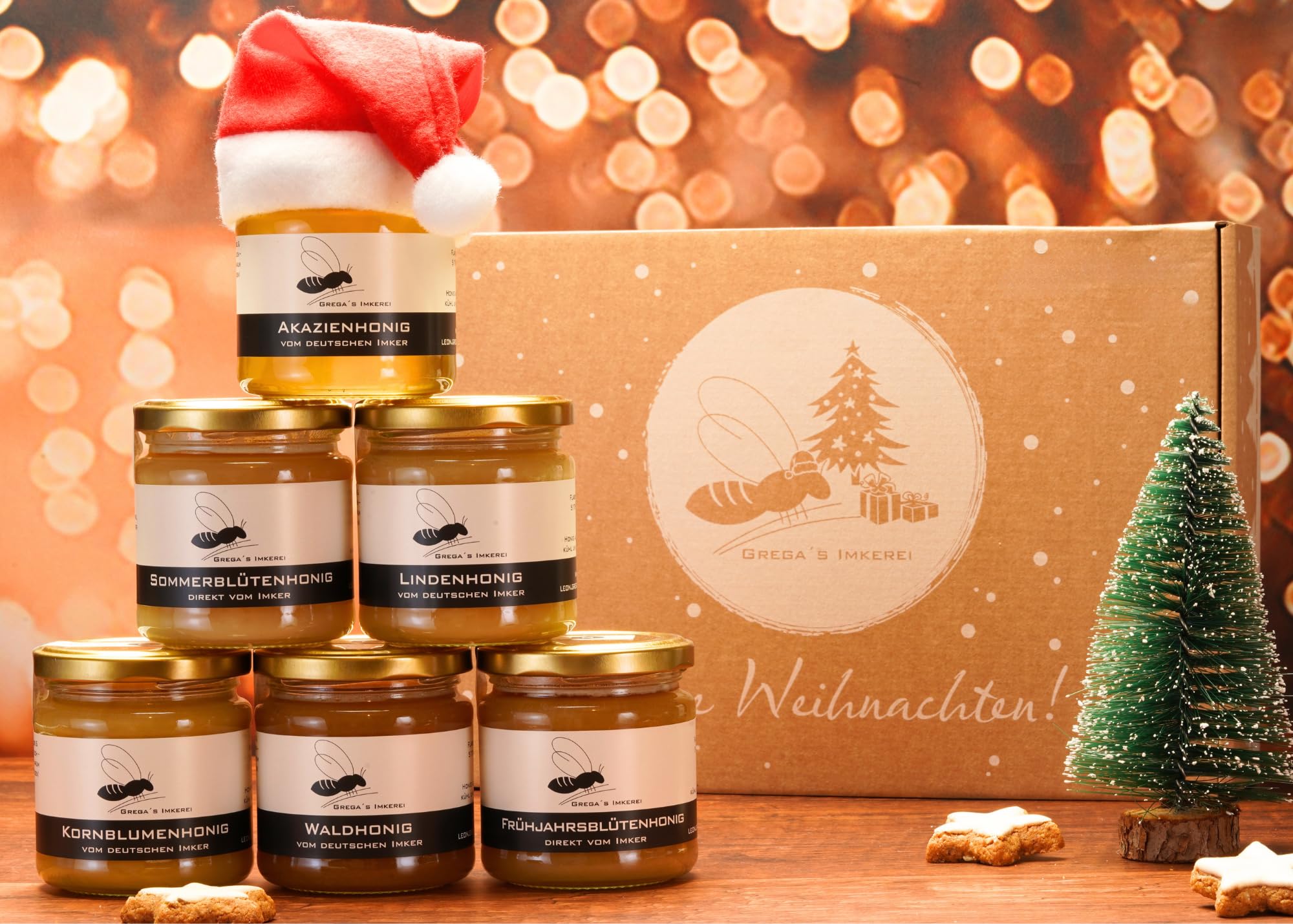 Honig Geschenkset von Grega’s ImkereiPräsentbox/Weihnachtsbox mit Klassich deutschen Honig und mehr direkt vom Imker (F – 6 Klassiker Honige Geschenkbox)
