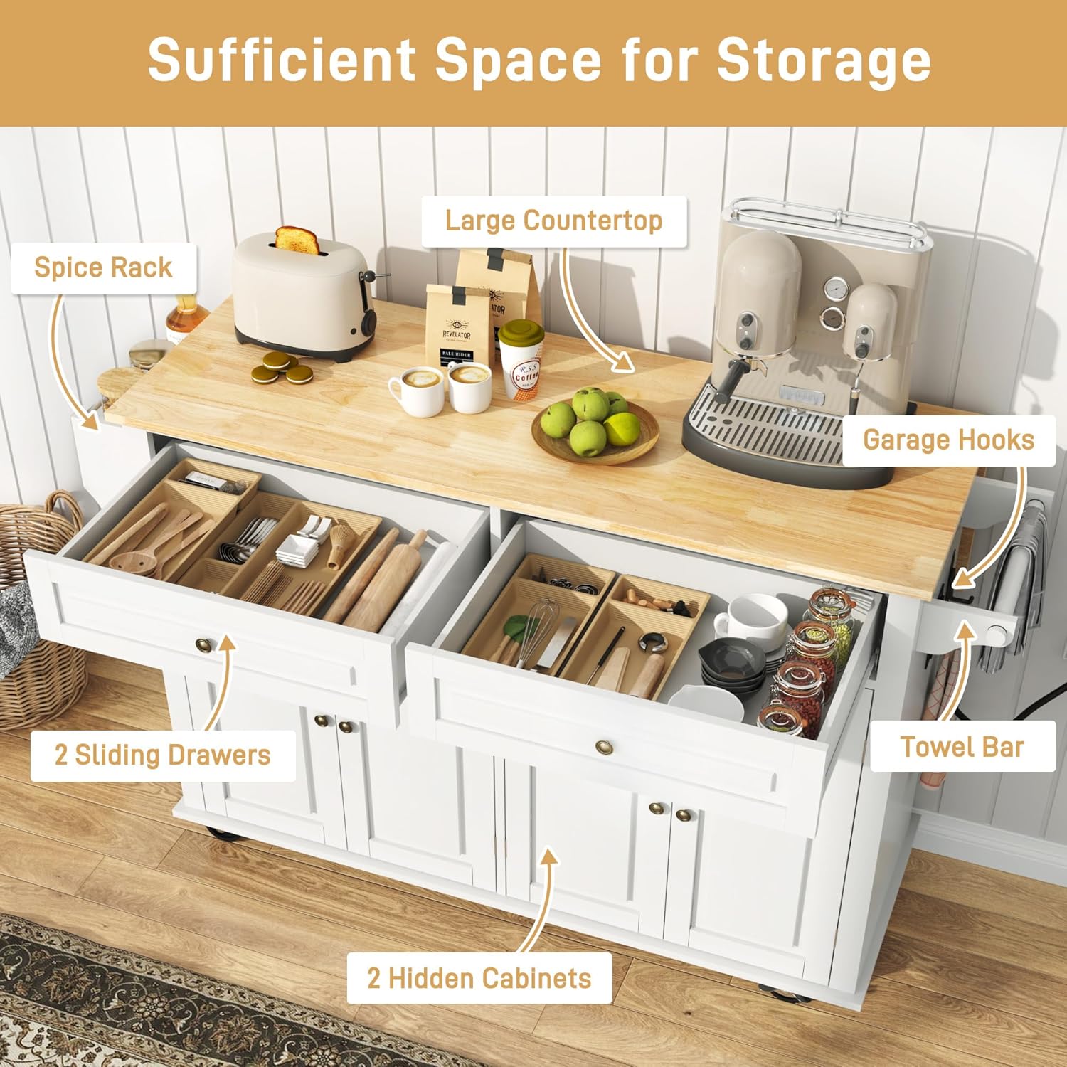 Hlivelood 55" Movable Kitchen Island with Drop Leaf and Power Outlet, Rolling Island Cart w/Storage Cabinet, Island Table on Wheels for Kitchen w/2 Drawers, Spice Rack, Towel Bar, Garage Hook, White