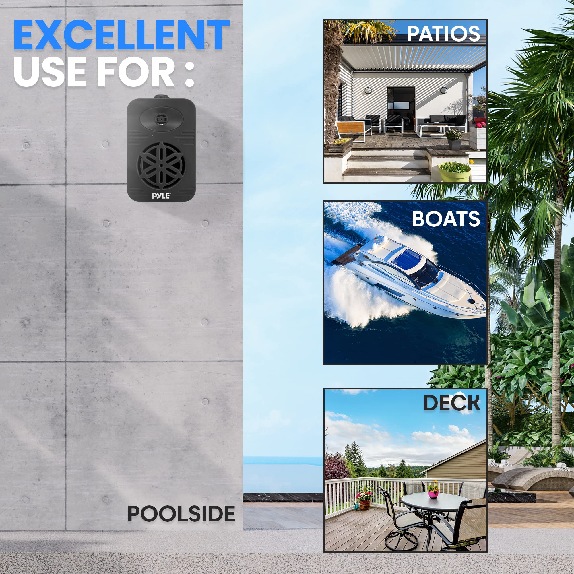 Pyle Indoor Outdoor Speakers Pair - 300 Watt Dual Waterproof 4” 2-Way Full Range Speaker System w/ 1/2” High Compliance Polymer Tweeter - In-Home, Boat, Marine, Deck, Patio, Poolside (Black)