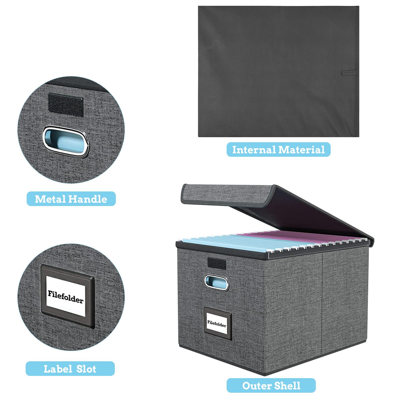 Upgraded Filing Boxes Portable Paperwork Organiser Large Capacity Multifunctional File Organiser with Lid Foldable Fabric Hanging Filing Box with Plastic Slide for Home Storage Office Filing-Dark Grey - Image 2
