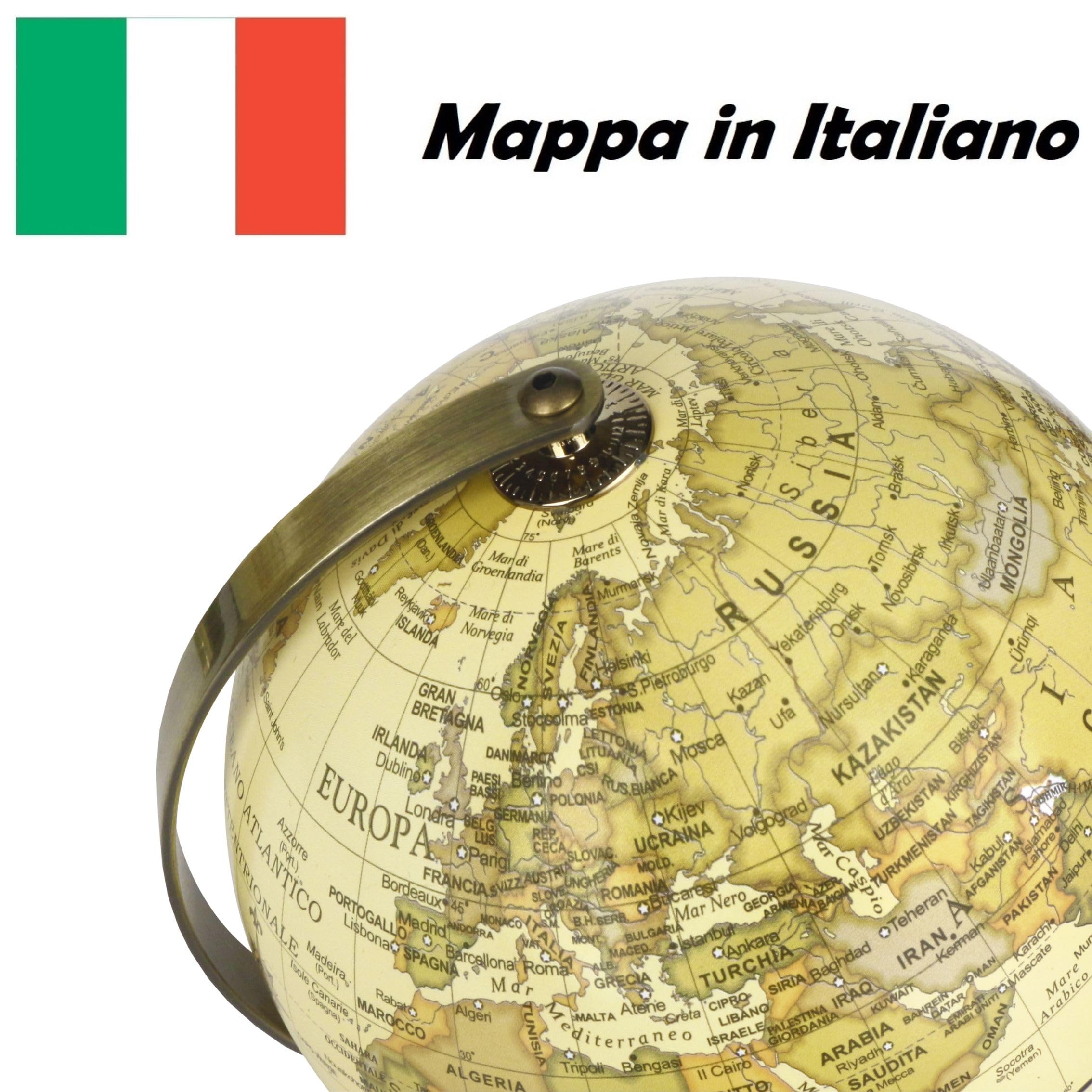 Exerz Mappamondo Antico 14cm Mappa Italiana Supporto Metallo Bronzo | Compatto per scrivania studio e libreria con finitura ideale per bambini adulti casa ufficio e regali Globo Terrestre Antico