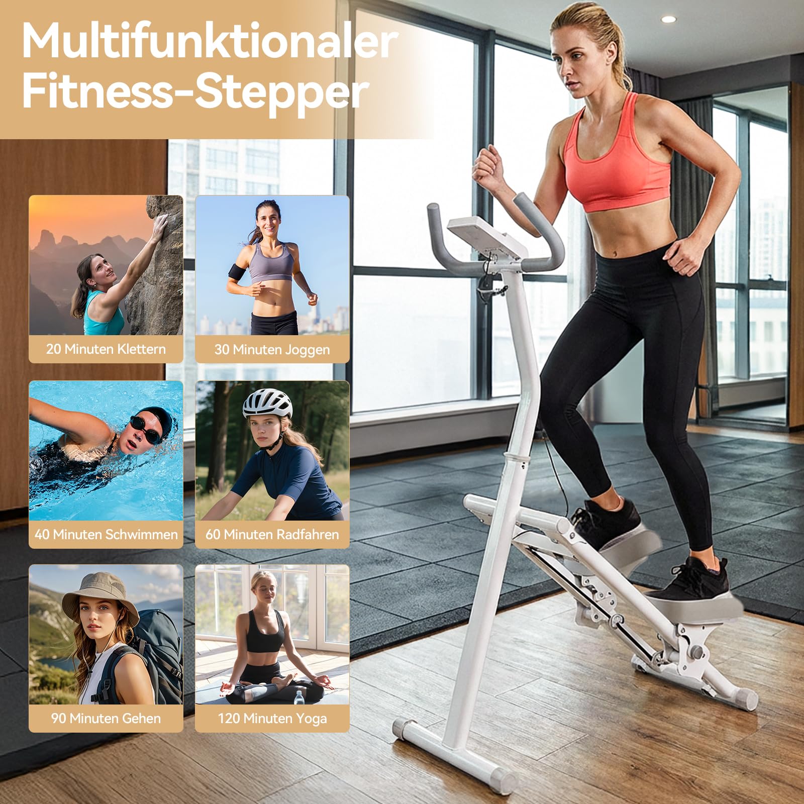 LEAFIA Stair Stepper pour la maison - Machine d'escalade verticale Stairmaster pour l'entraînement de tout le corps - Appareil d'escalade aérobic pliable compact avec écran LCD, guidon et pédales