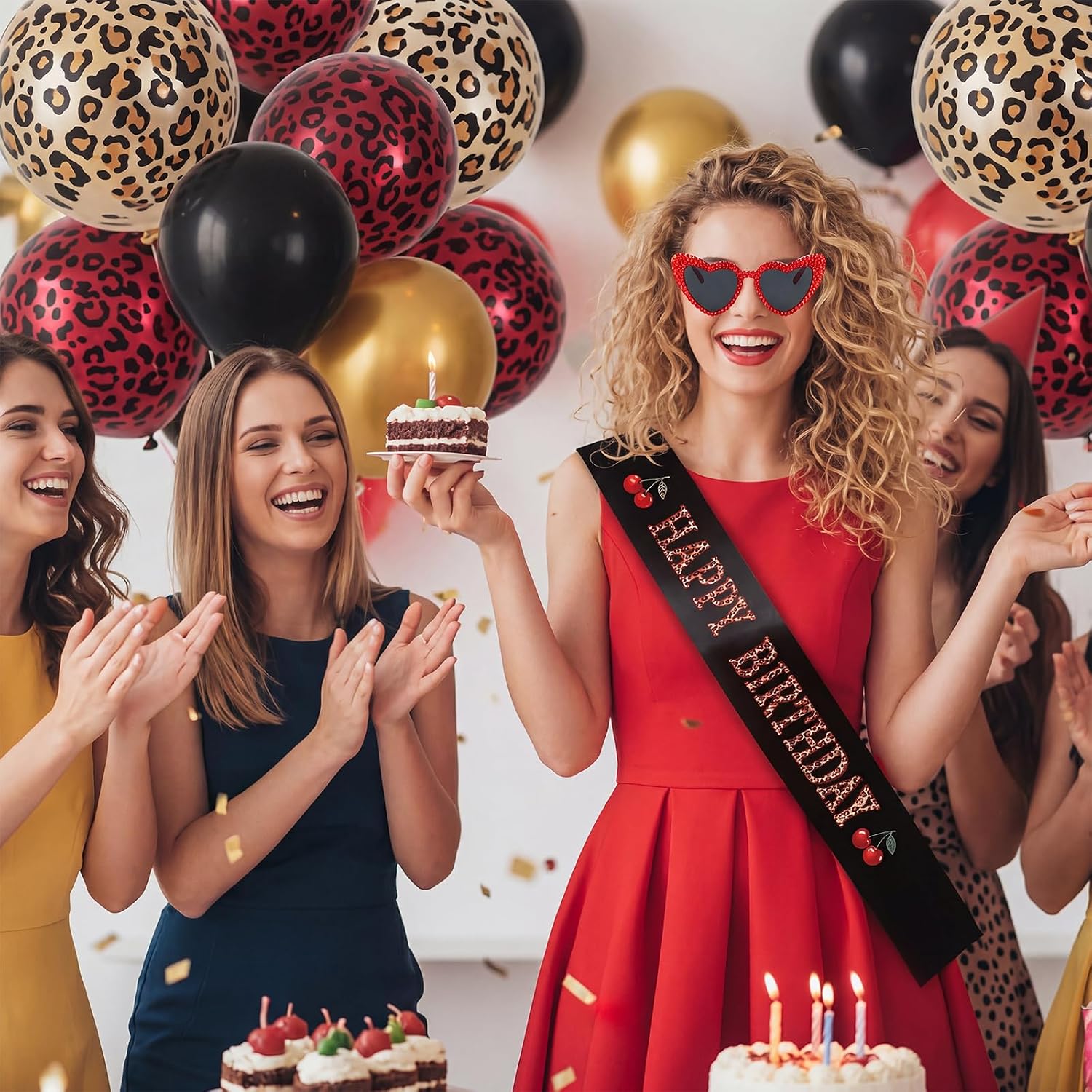 Chumia 2 Pcs Cheetah Cherry Birthday Sash with Glasses Happy Birthday Leopard Satin Sash Red and Black Party Decoration Accessories for Women and Girls