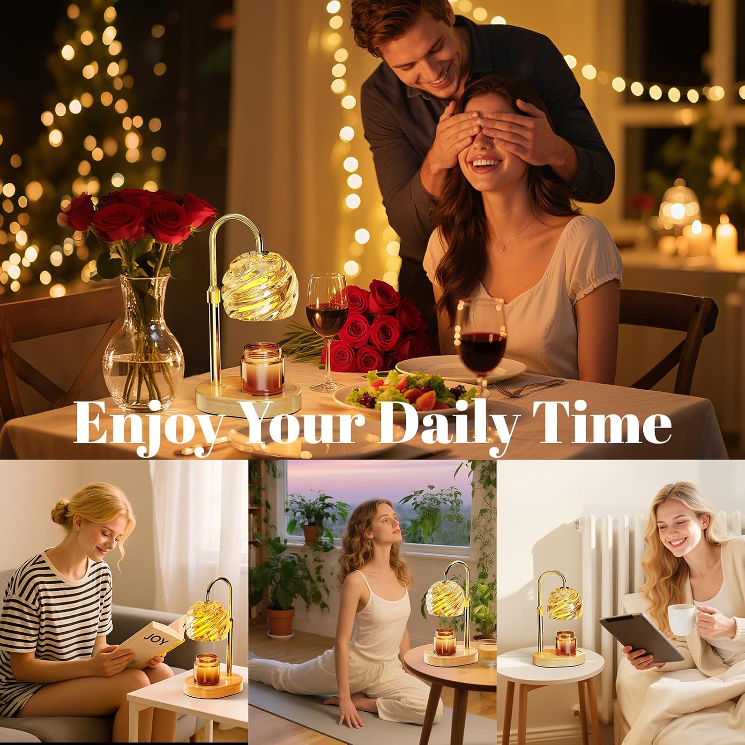 Candle Warmer Lamp with Timer Dimmer, Electric Candle Warmer with Adjustable Height for Home Decor, Office, Valentines Birthday Gifts for Women Men Mom, Wax Melter for All Jar Sizes, 2Bulbs, Gold