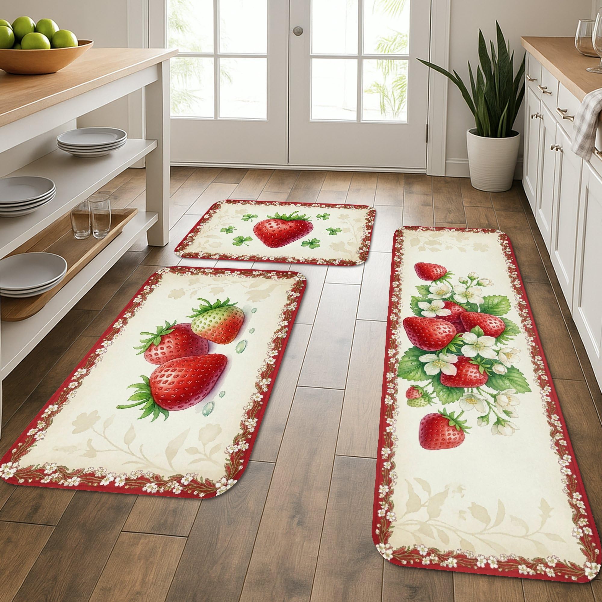 Lot de 3 tapis de cuisine floral fraises lavables pour évier et buanderie
