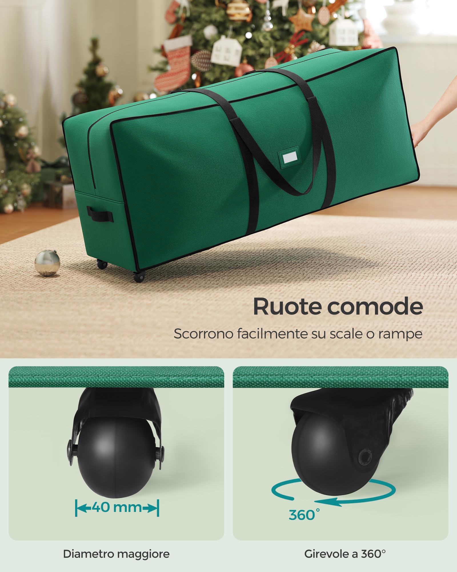SONGMICS Borsa per Albero di Natale con Ruote da 4 cm, Custodia per Albero fino a 229 cm, per Albero Smontabile, Maniglie Regolabili, Tessuto Oxford 600D, Verde Foresta RXS004C03
