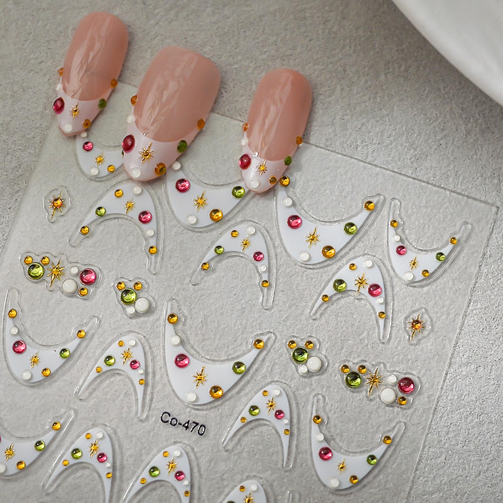 White French Tip Nail Stickers Colorful Nail Decals with Star Design Rhinestone Nails Art Sticker 5d Self Adhesive Nails Stickers for Women Girls Supply Manicure Charms Nails Art Decals
