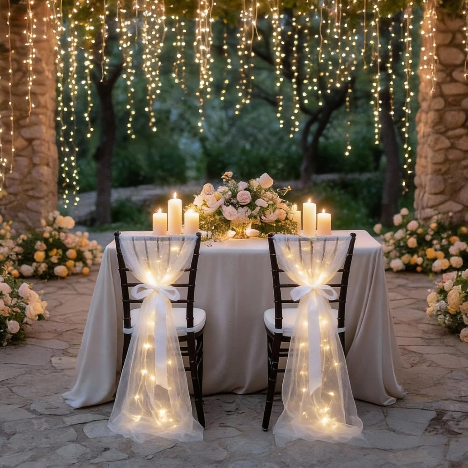 Tegeme 16 Pcs LED Wedding Chair Sashes 8ft Chiffon Chair Sashes with Built-in Warm String Lights Ribbon for Wedding Bridal Evening Ceremony Romantic Aisle Indoor Outdoor Party Decor(White)