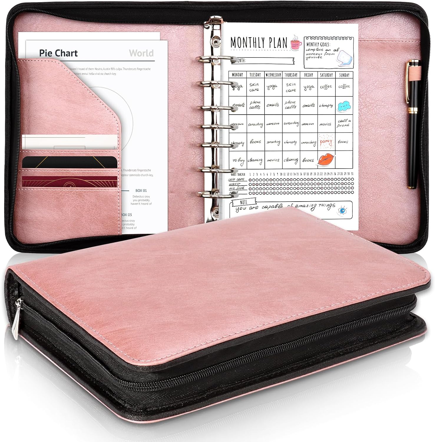 PU Leather 7 Ring Planner Binder fits 5.5"×8.5" Paper Zipper Journal Binder Organizer 8"×10.5" Desk Size 7-Ring Zippered Padfolio Refillable Planner Binder for A5 Inserts School Office