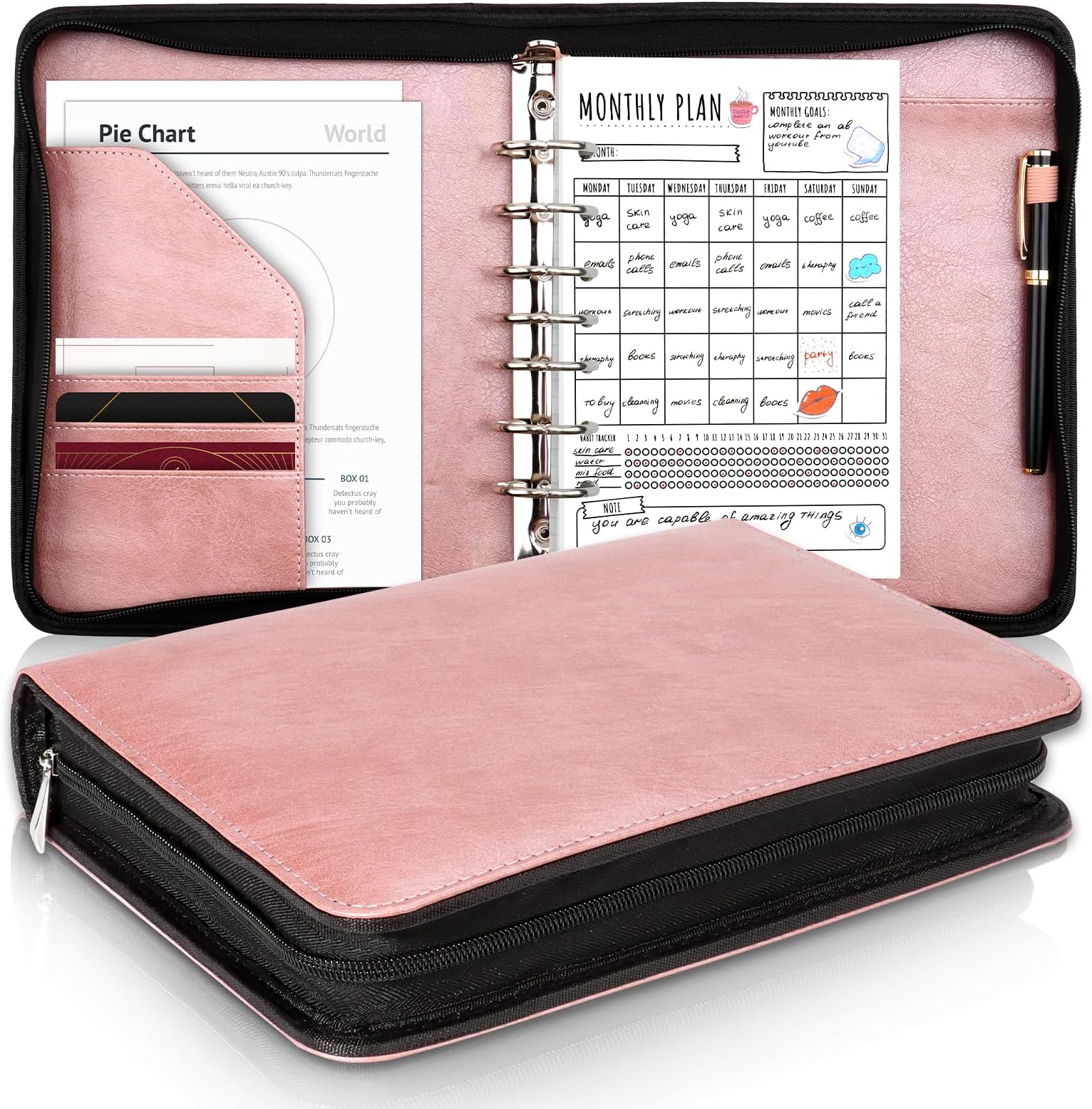 PU Leather 7 Ring Planner Binder fits 5.5"×8.5" Paper Zipper Journal Binder Organizer 8"×10.5" Desk Size 7-Ring Zippered Padfolio Refillable Planner Binder for A5 Inserts School Office