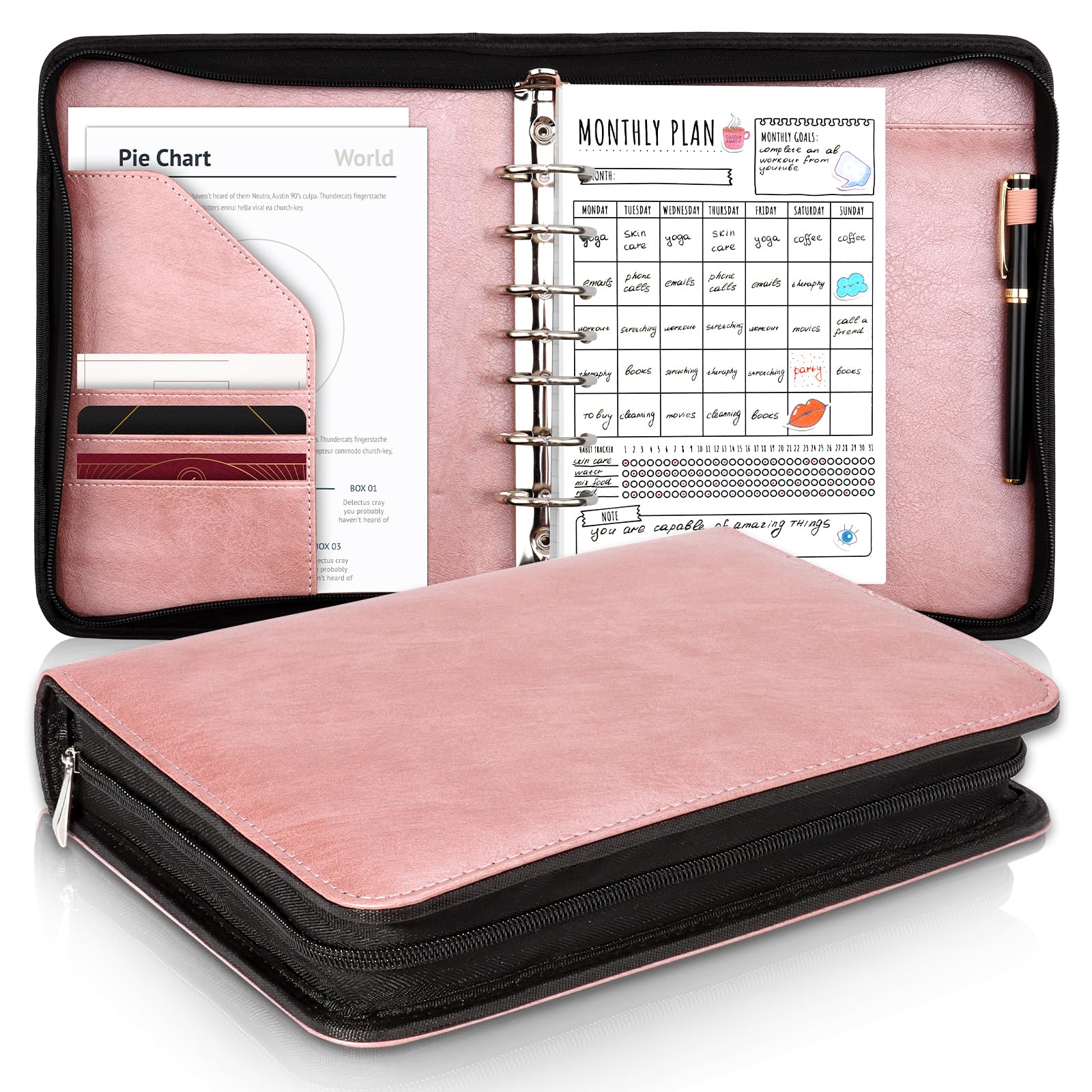 PU Leather 7 Ring Planner Binder for 5-1/2" x 8-1/2" Paper Zipper A5 Journal Binder Organizer Desk Size 7-Ring Zippered Padfolio 8"×10.5" Refillable Planner Binder for A5 Inserts School Office