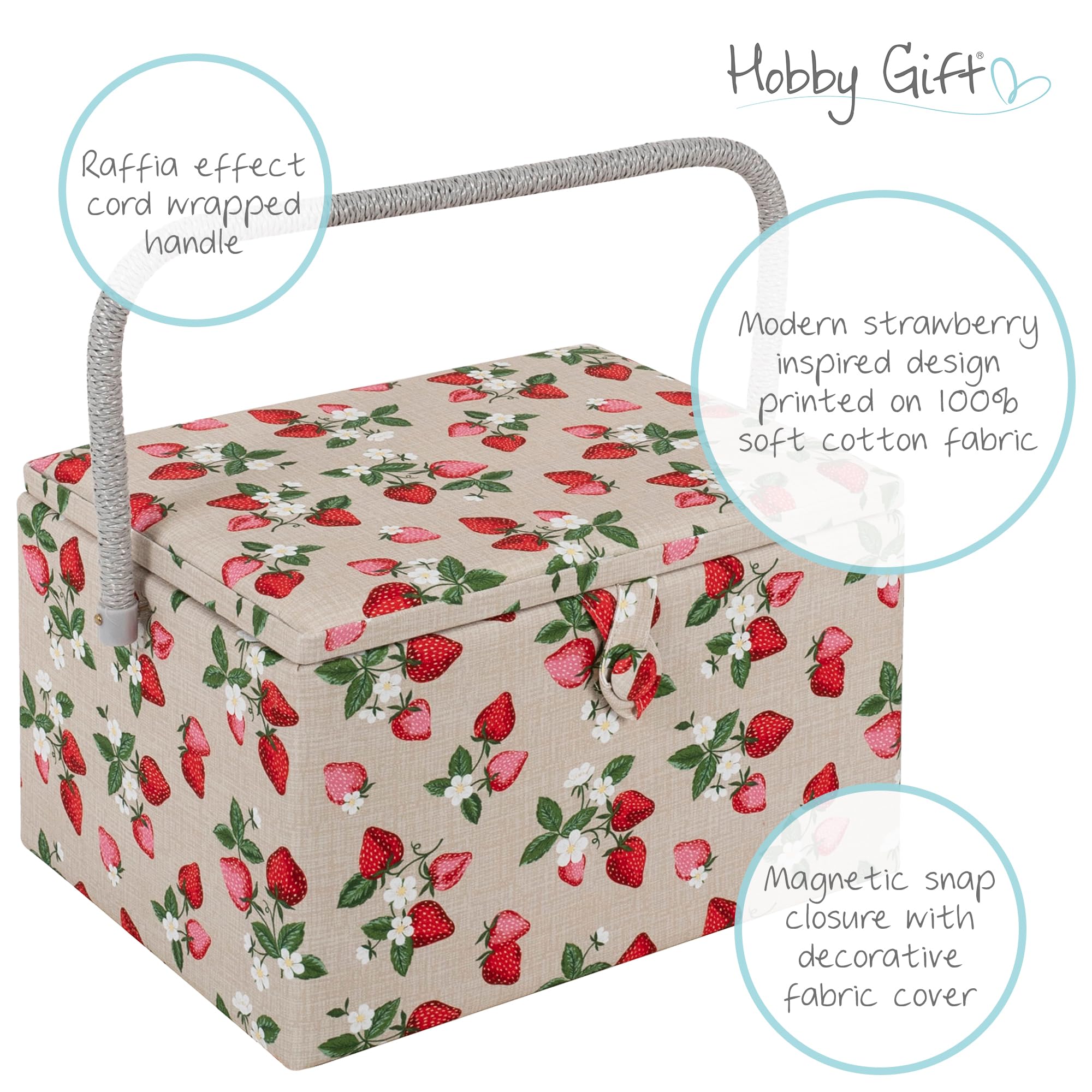 Hobby Gift Nähkästchen Groß mit Griff - Nähkorb aus Baumwolle mit Fächern für Nähzubehör & Werkzeug - Aufbewahrungsbox für Handarbeit - 23,5 x 31 x 20 cm, Erdbeeren