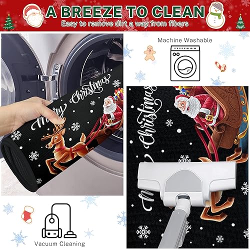 Miniatura 5 de Juego de 2 alfombras y tapetes de cocina de Navidad, antideslizantes, lavables, copos de nieve, renos de Papá Noel, tapete de cocina negro de