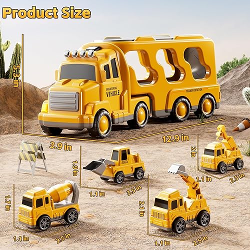 Miniatura 5 de Camiones de construcción de juguetes para niños de 2, 3, 4, 5 años, vehículo de transporte 5 en 1 para niños pequeños de 2 a 4 años con grúa,