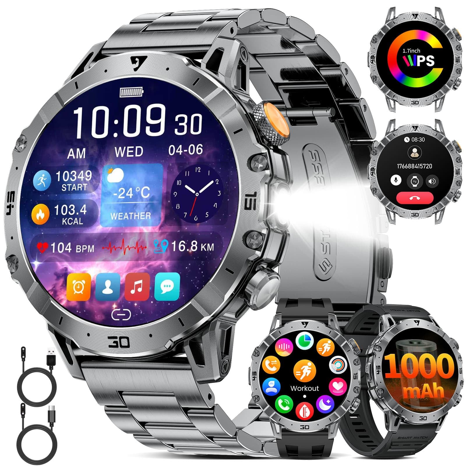 SUNKTA Montre Connectée Homme,1000mAh Longue Autonomie Batterie/1.7‘’ Grand Écran avec Appels/Lampe de Poche/IP68 Étanche Fréquence Cardiaque/Pédomètre,3 Bracelet Smartwatch pour Android iOS