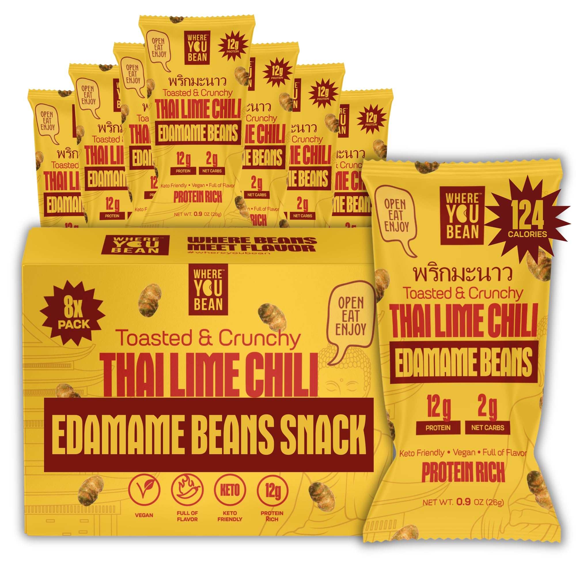 Where You Bean Edamame Beans Snack (Thai Lime Chili) - Crunchy and Dry Roasted Edamame Beans - High Protein Snacks, Keto and Vegan Healthy Snacks for