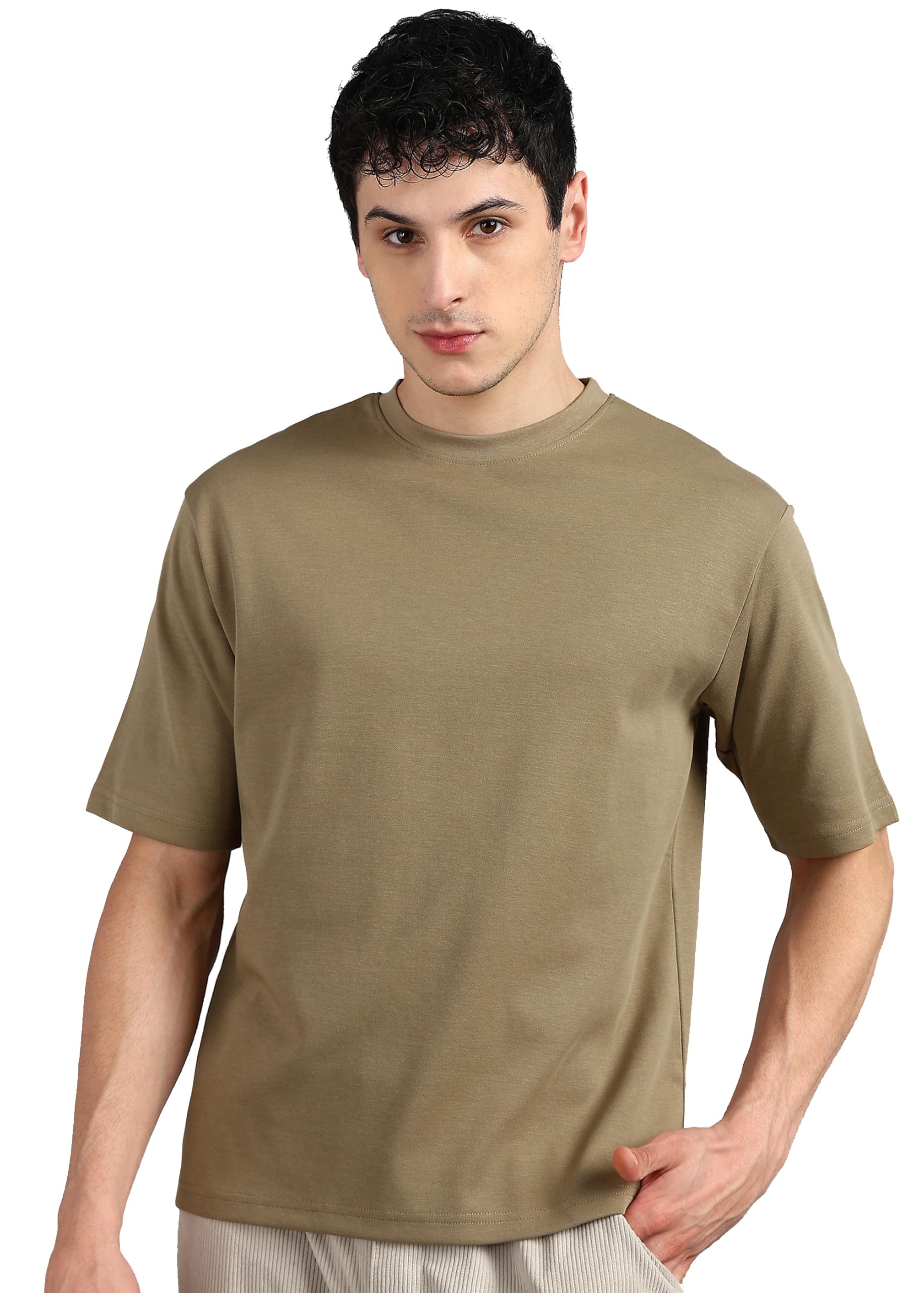 Janasya Men's Oversized Solid T-Shirt | Premium Heavy Fabric | Crew Neck Casual Wear in neutral
