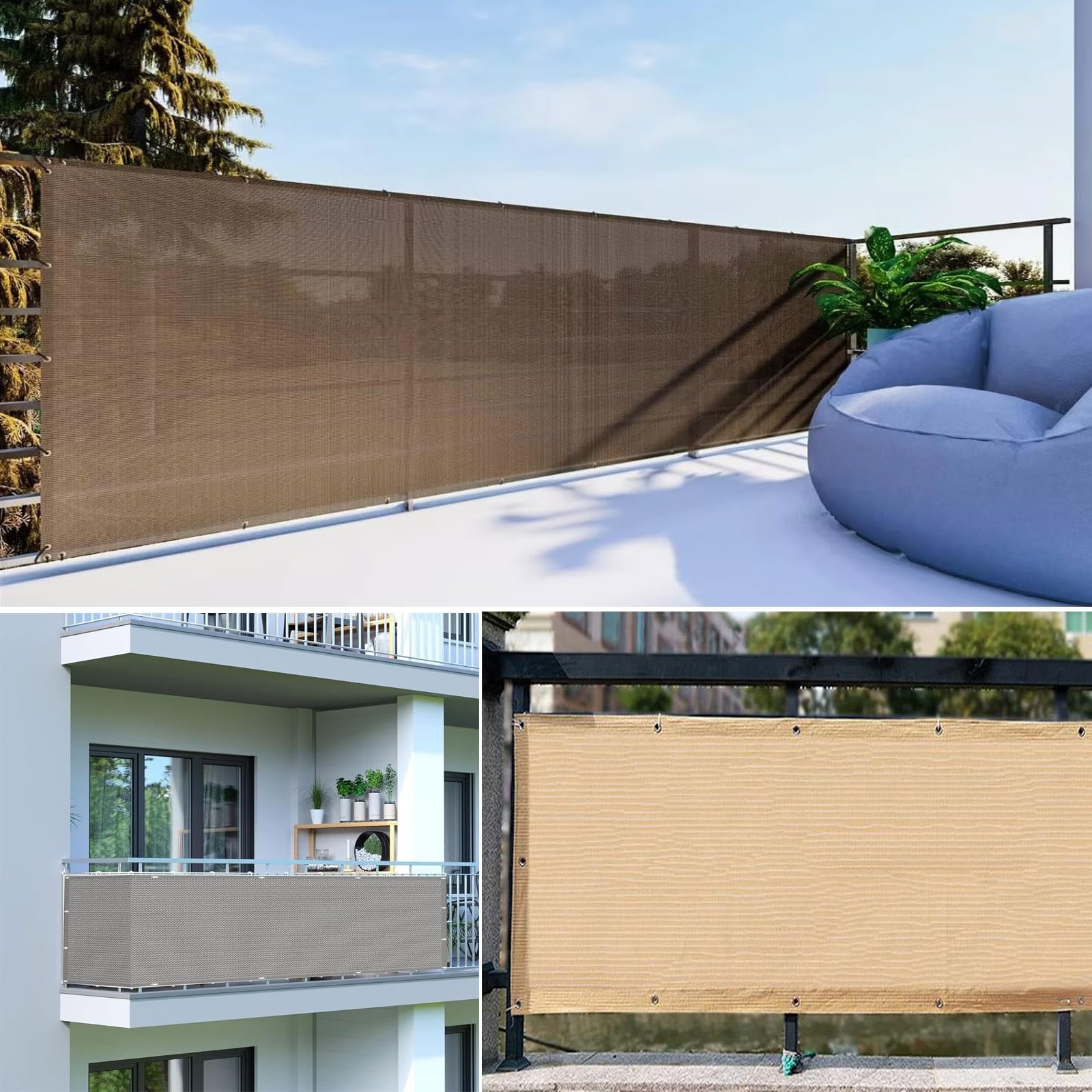 Windschutz & Sonnenschutz, Reißfestes Atmungsaktives Schattierungsnetz für Balkon, Terrasse, Garten, Parkplatz i Schwimmbad, 3 x 6 m, Braun
