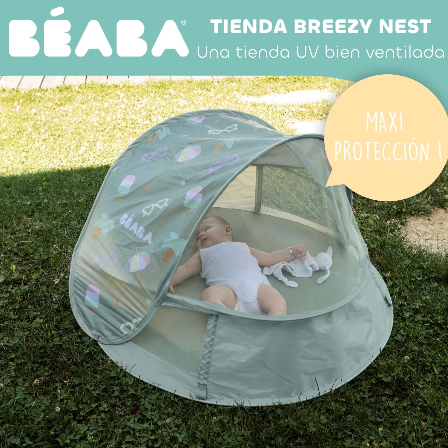 BÉABA, Tienda De Playa Para Bebé 2 En 1, 0–24 Meses, Protección Solar Máxima UPF50+, Filtrado UV, Ventilación 360°, Mosquitera, Espaciosa, Sistema Pop-Up, Bolsa De Transporte, Breezynest, Caqui