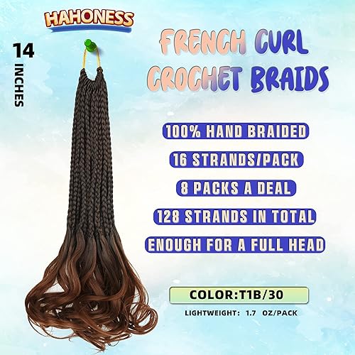 Miniatura 2 de Cabello rizado francés con trenzas de ganchillo para mujeres negras, 14 pulgadas, 8 paquetes, color marrón degradado, suave, preenlazado, caja